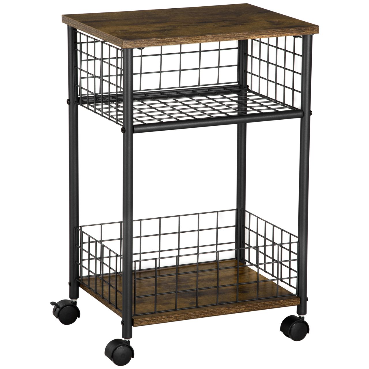 HOMCOM Küchenwagen Servierwagen mit Arbeitsplatte und 2 Aufbewahrungskörben Beistellwagen mit 360°-Lenkrollen Küchentrolley Aufbewahrungswagen Spanplatte Rustikal-Braun 40 x 30 x 62 cm