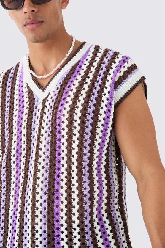 Kastiges gestreiftes Oversize Pullunder mit V-Ausschnitt