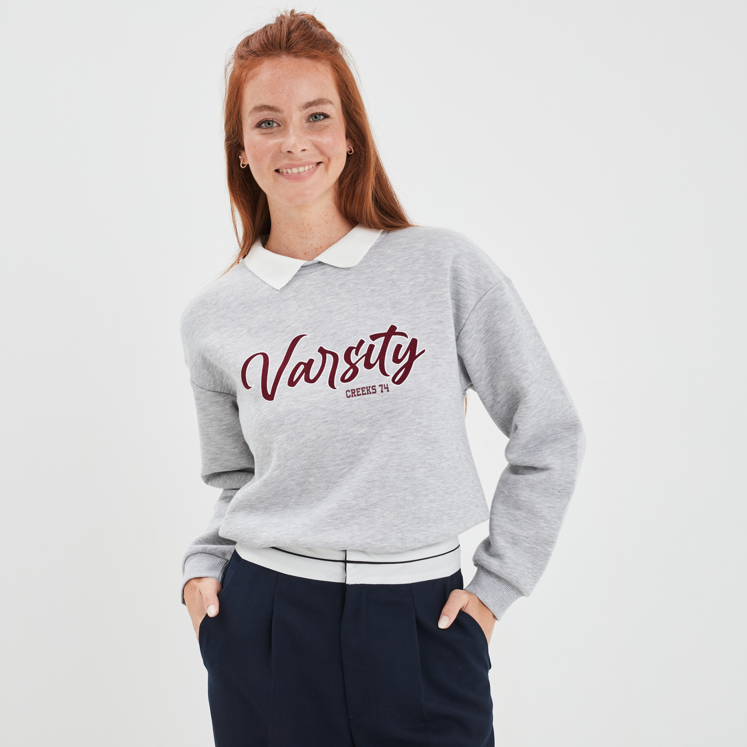 Sweat col polo Creeks gris clair femme | La Halle