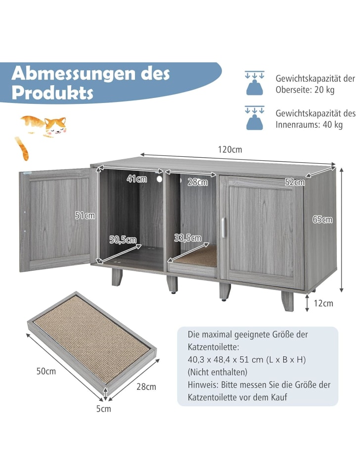 COSTWAY Katzenschrank mit 2 Türen 120x52x65cm in Anthrazit günstig kaufen onesize