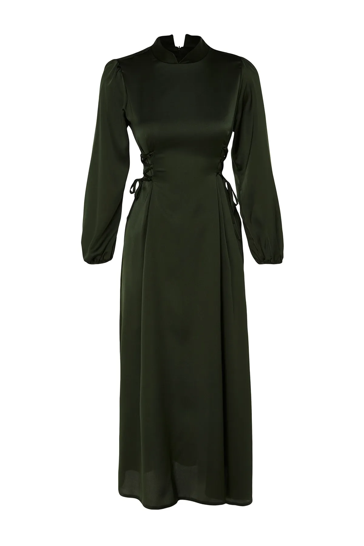 Trendyol Modest  Khakifarbenes Britted-Satin-Abendkleid mit Taille TCTSS23DB00037