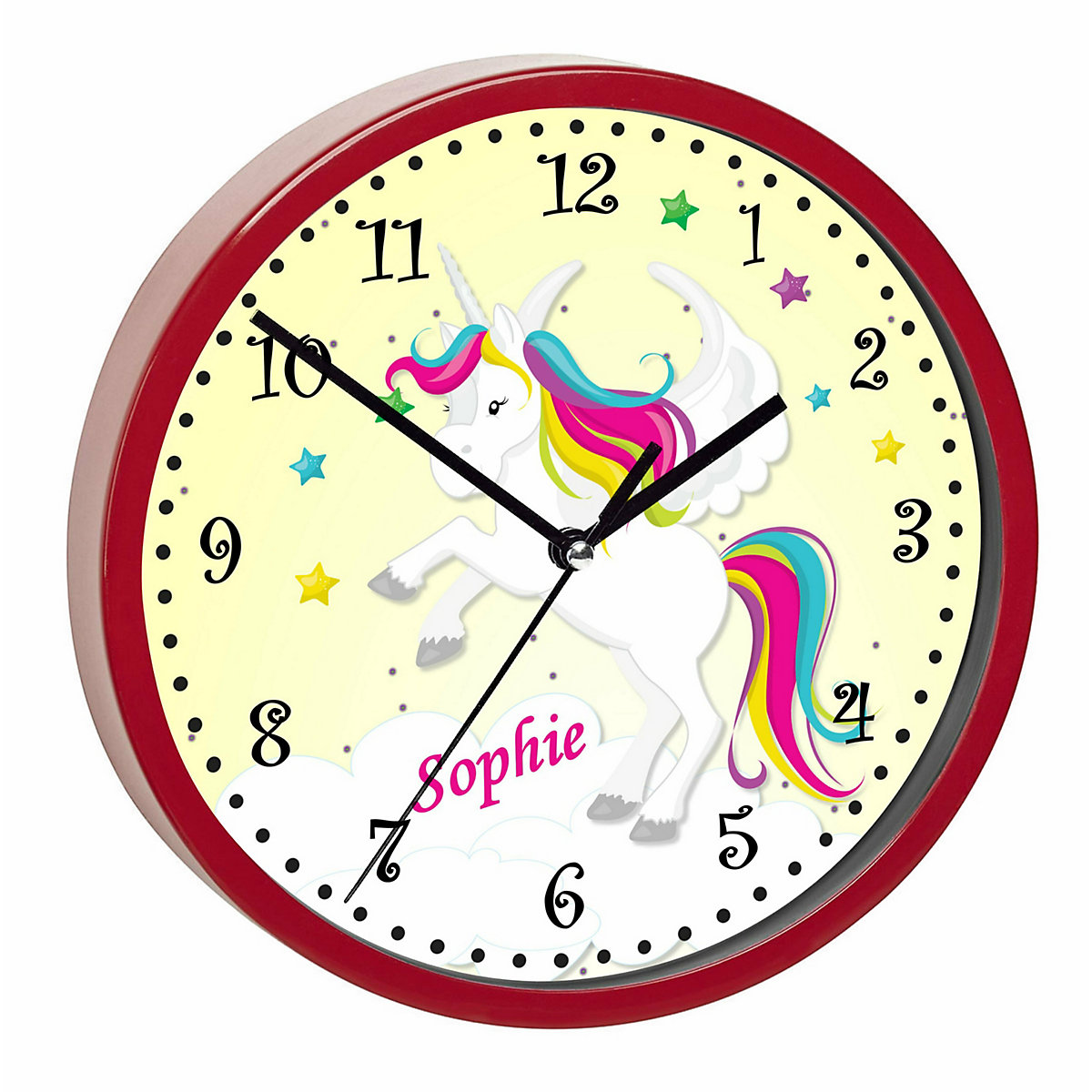 Kinder Wanduhr laufruhig personalisiert mit Name Pegasus Gelb