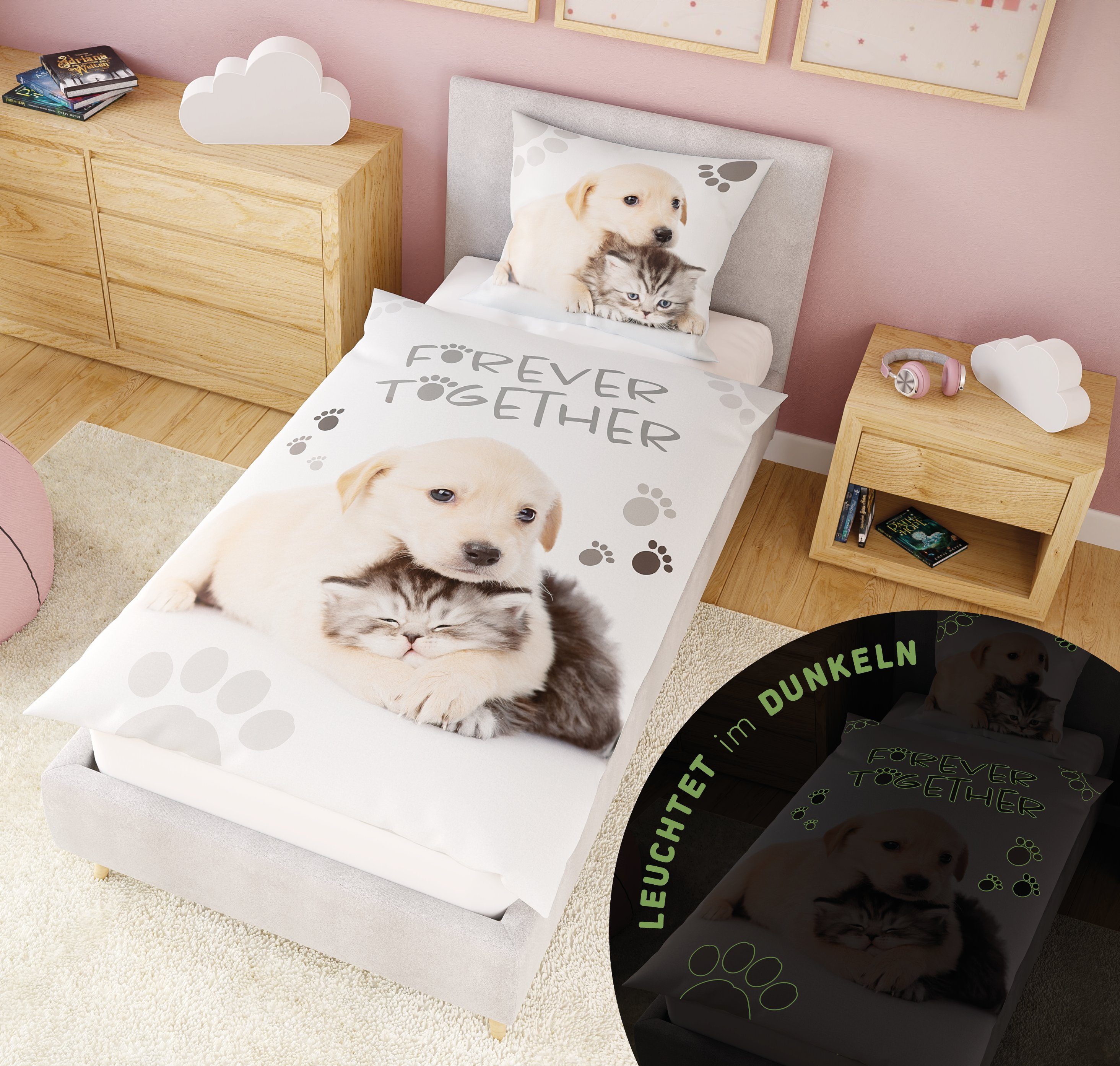 Kinderbettwäsche Leuchtende Bettwäsche 135x200 Kinder Bettwäsche Tiere + 10 SPIELE, Carpe Sonno, Baumwolle, 2 teilig, GLOW IN THE DARK Tier Bettwäsche Hund Katze