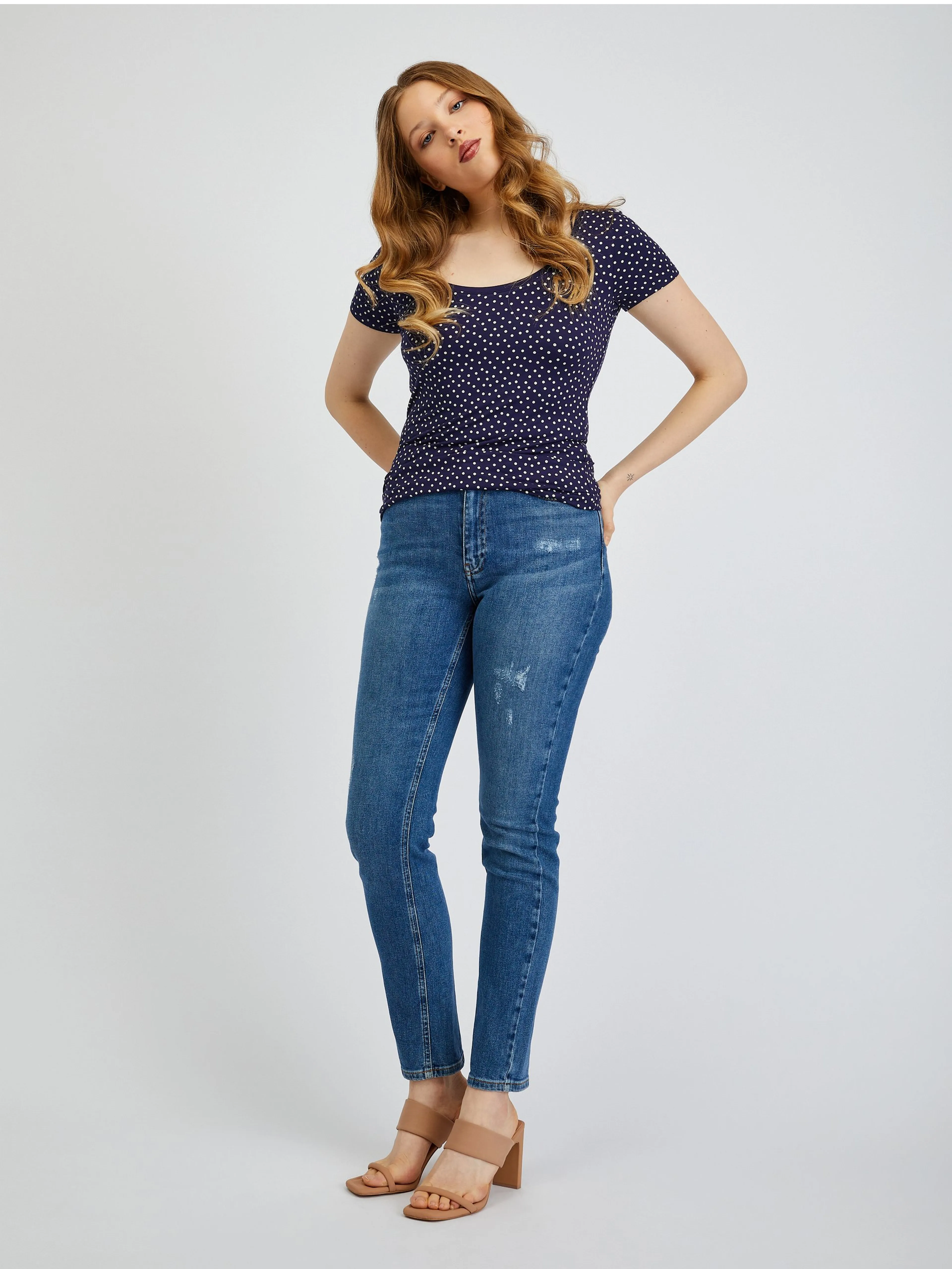 Dunkelblaues Damen-Polka-Dot-Shirt ORSAY