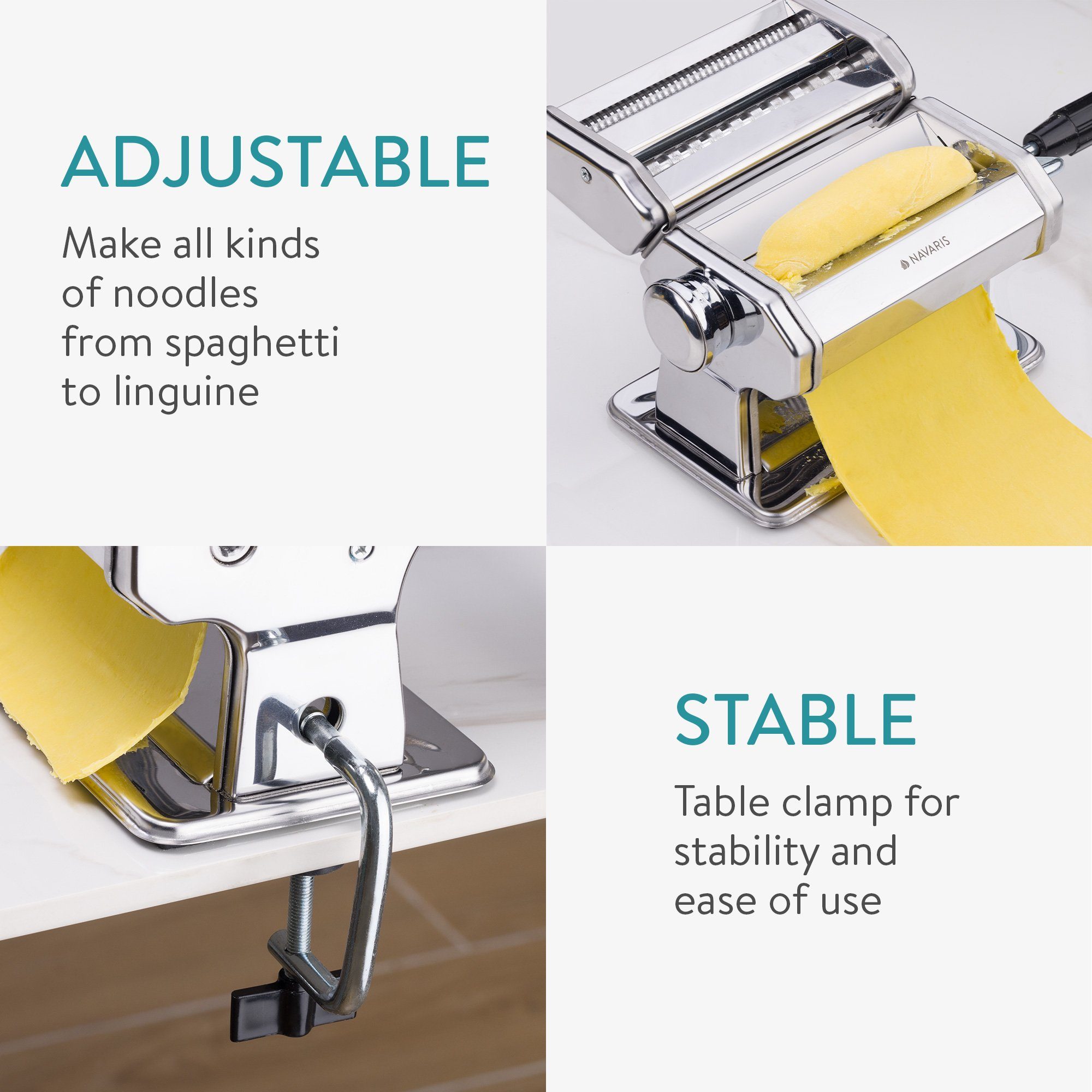 Navaris Nudelmaschine Nudelmaschine Pasta Maschine mit Holzgriff - Pasta Maker für Spaghetti