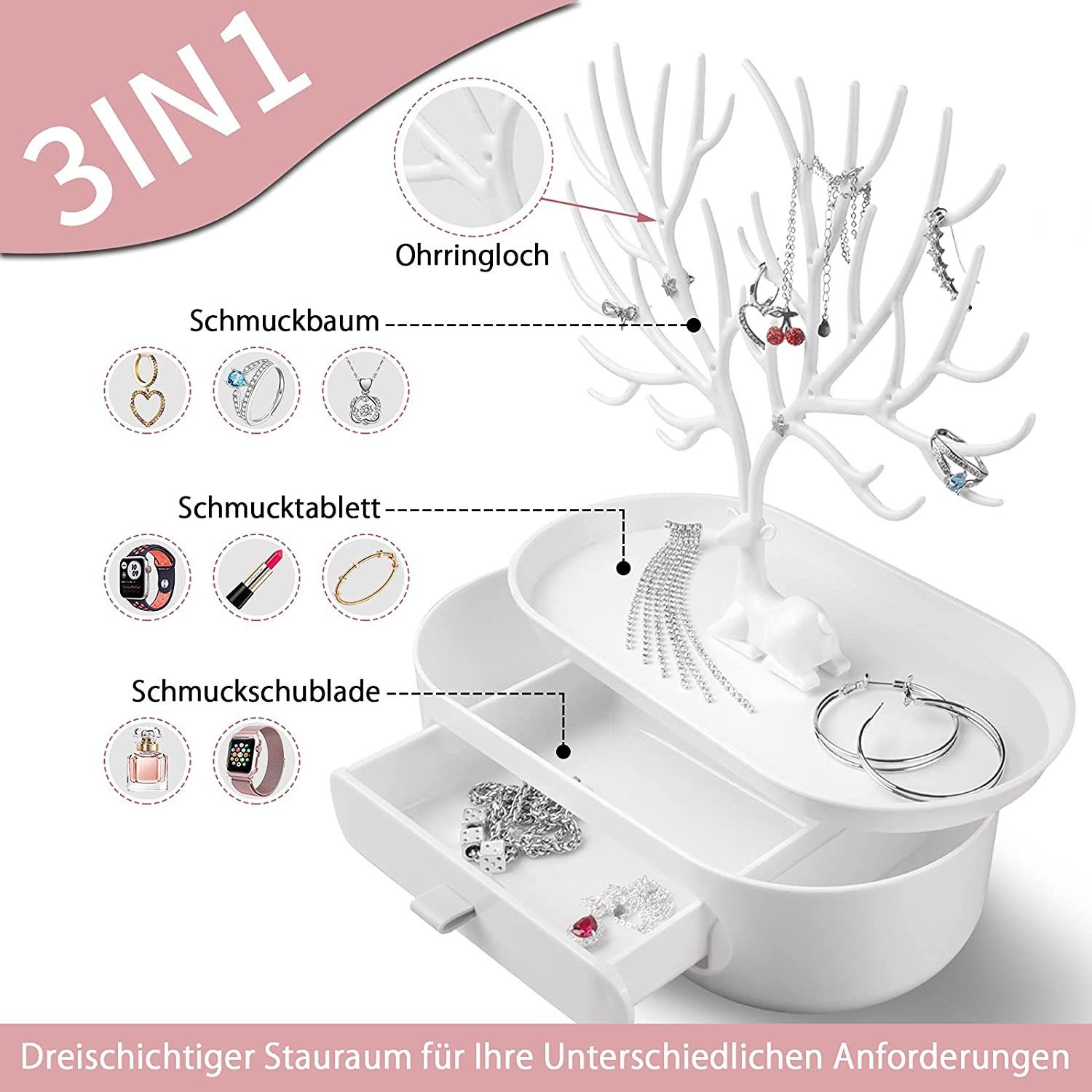 GelldG Schmuckregal Geweih Schmuckständer mit Schubladen, Schmuckbaum Mädchen