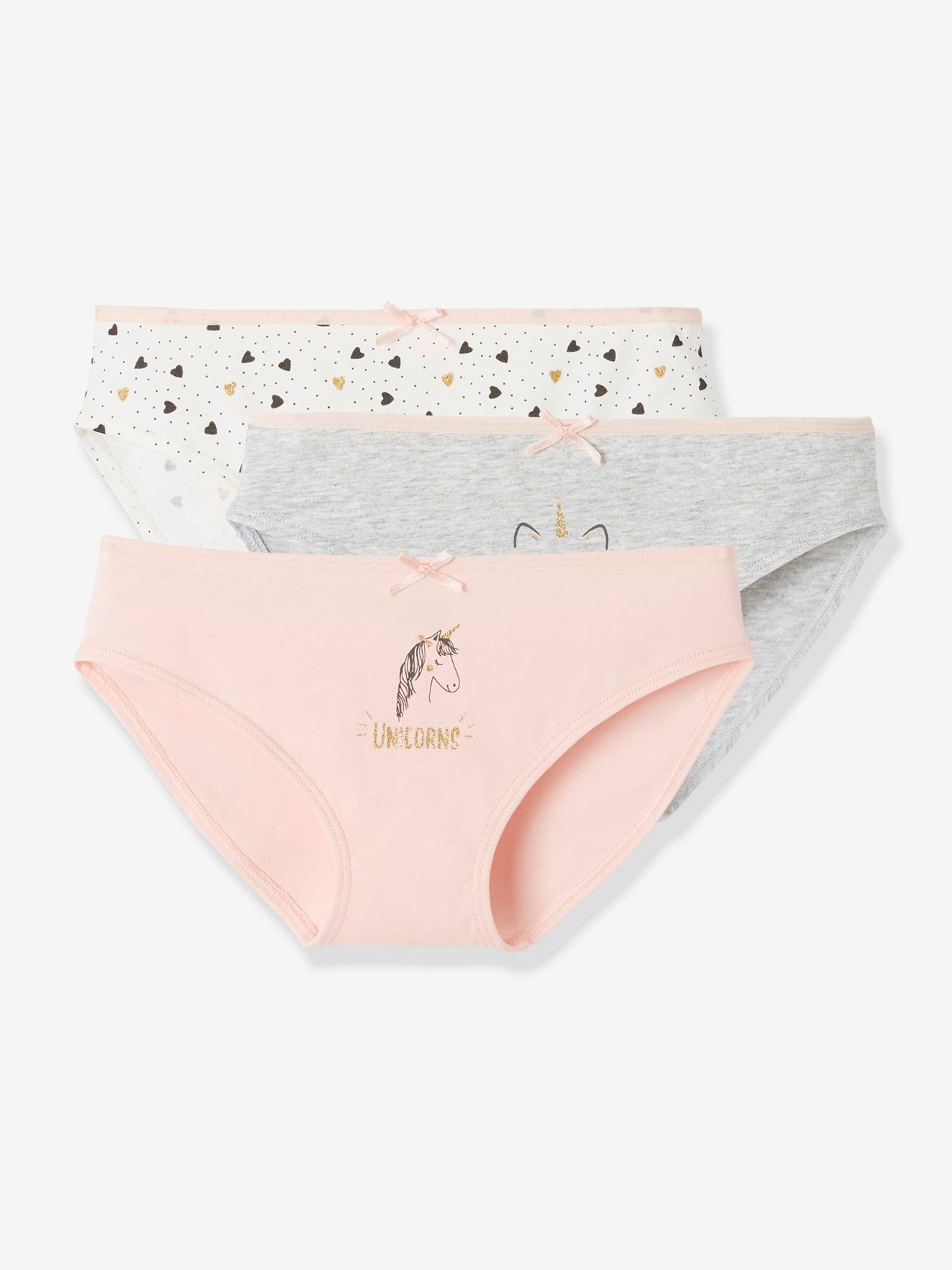 Lot de 3 culottes fille chats et licorne rose poudré