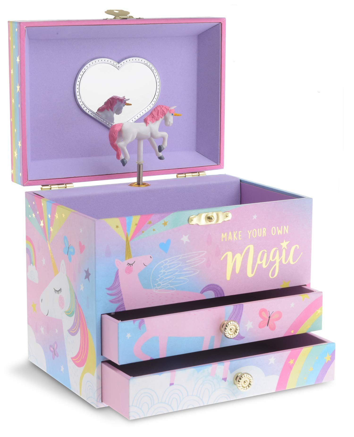Jewelkeeper Schmuckkasten Musikalische Mädchen Schmuckschatulle mit 2 Schubladen, Violett Zuckerwatte Einhorn