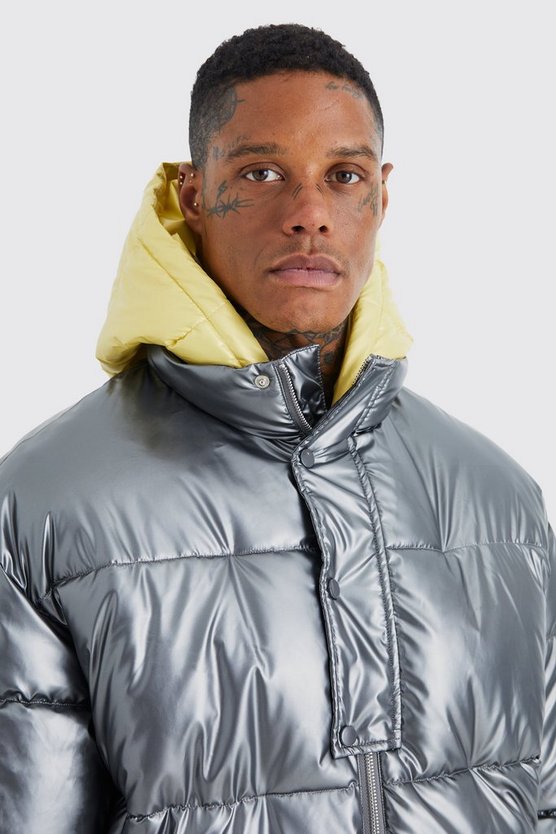 Doppellagige Metallic Steppjacke mit Kapuze