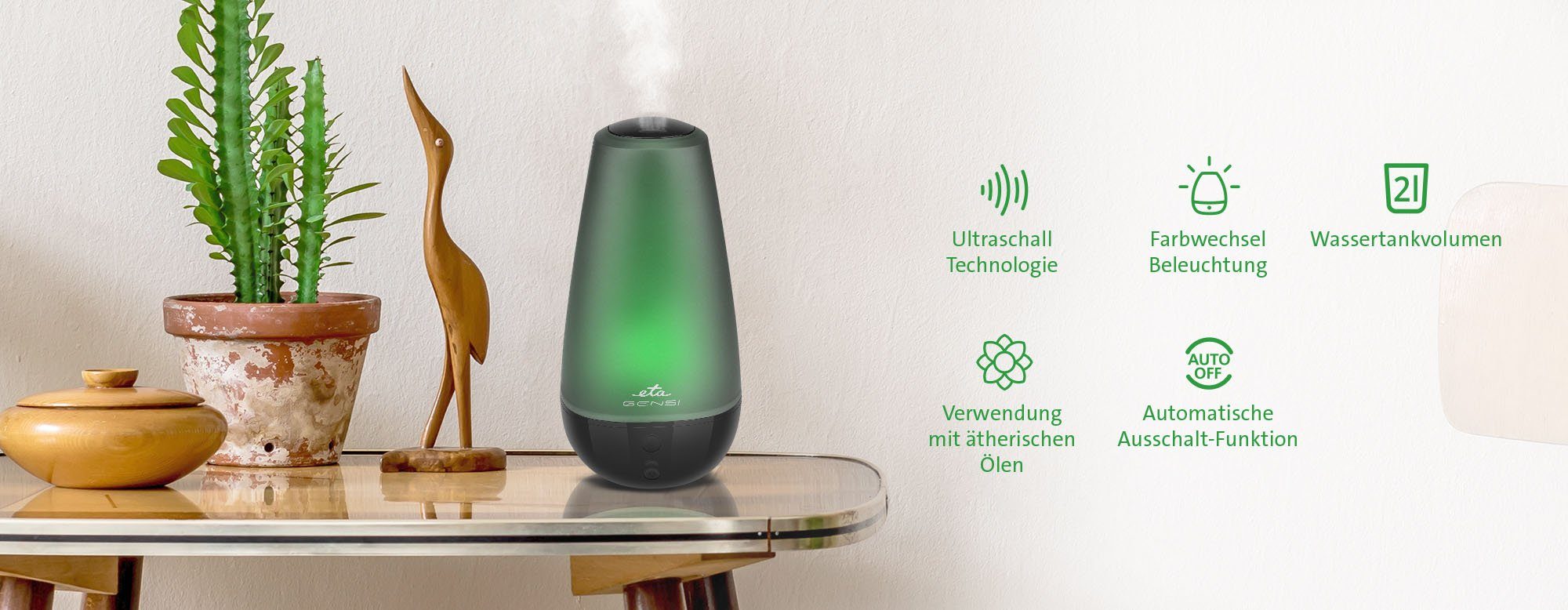 eta Diffuser Genso, ETA663490000, Aroma Diffuser, 2 l Wassertank, Für Räume bis zu 30 m2 geeignet