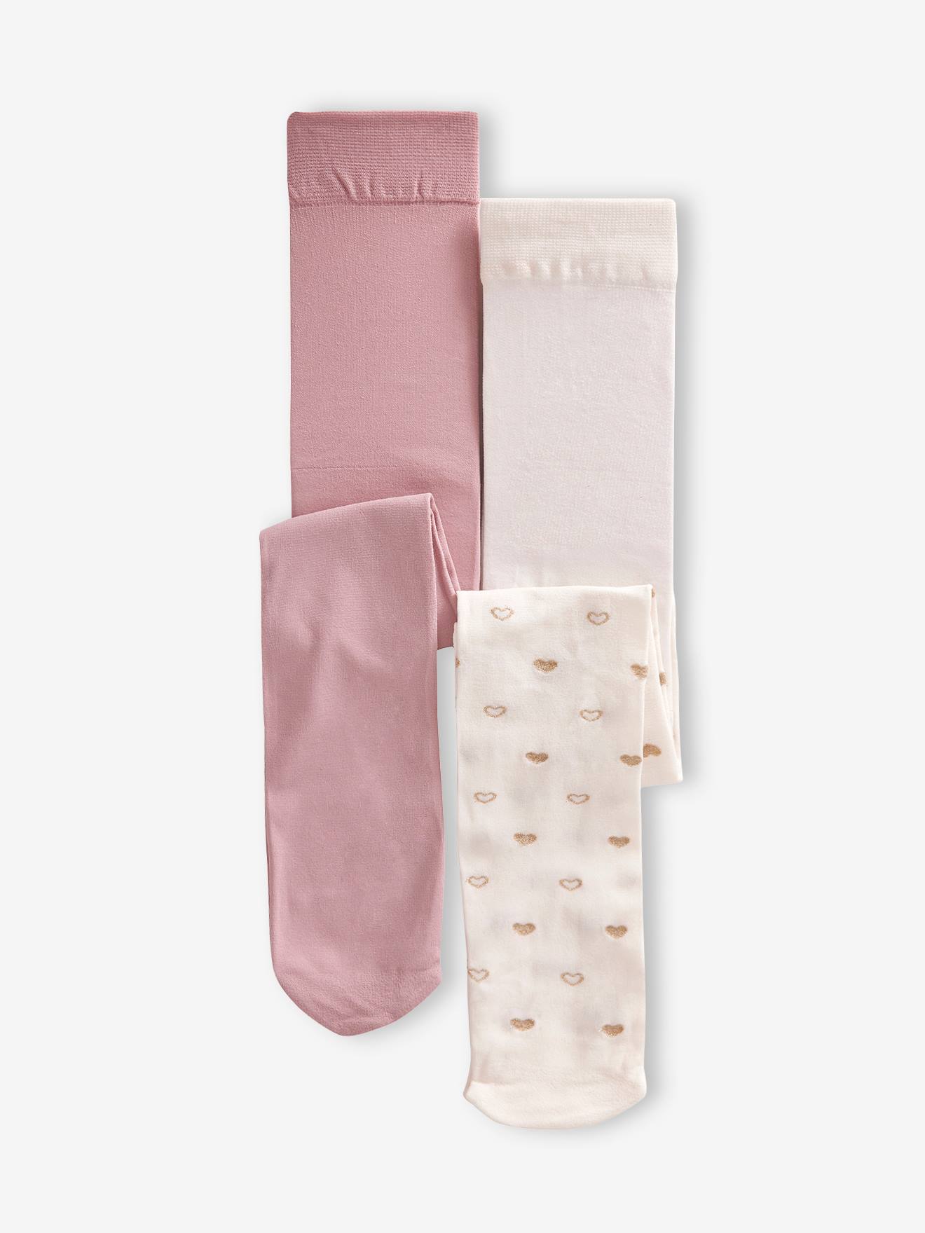 Lot de 2 paires de collants bébé en maille uni/coeurs vieux rose