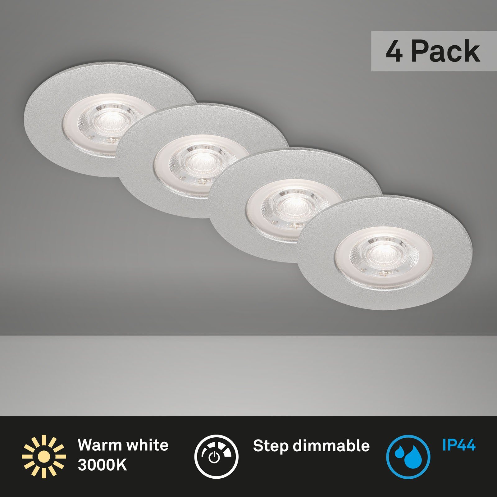 Briloner Leuchten LED Einbauleuchte 7999-044, LED fest verbaut, Warmweiß, 4er Set, ultraflach, IP44, Warmweiß 3000K, chrom-matt, 9 cm