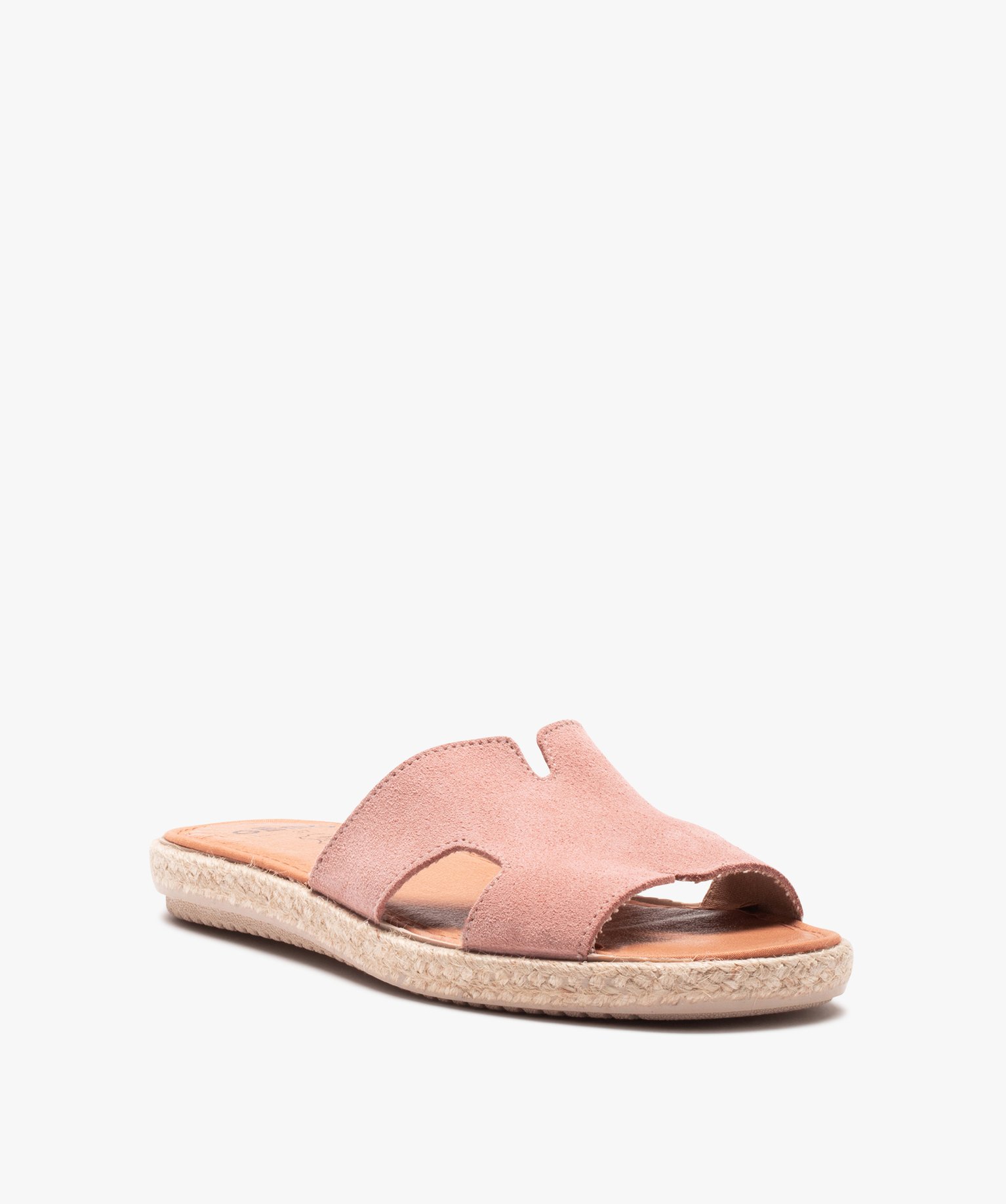 Mules femme à talon plat et bride en cuir retourné rose | GEMO