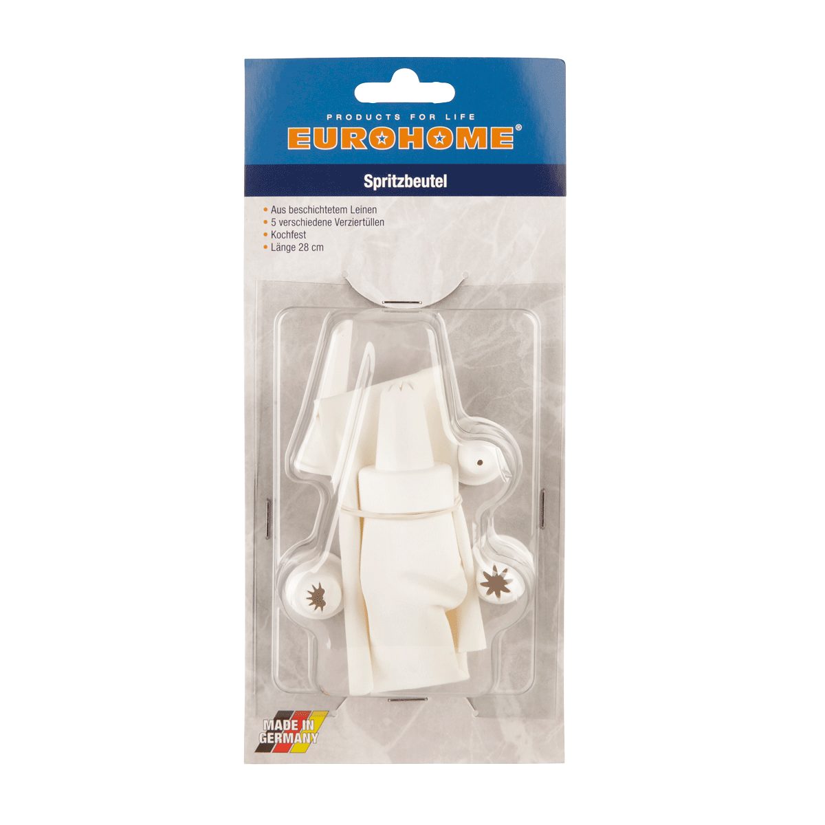 EUROHOME Spritzbeutel Backzubehör 28 cm aus Leinen weiß (Dressierbeutel mit 5 Verziertüllen) Spritztüllen Set - Spritzbeutel wiederverwendbar