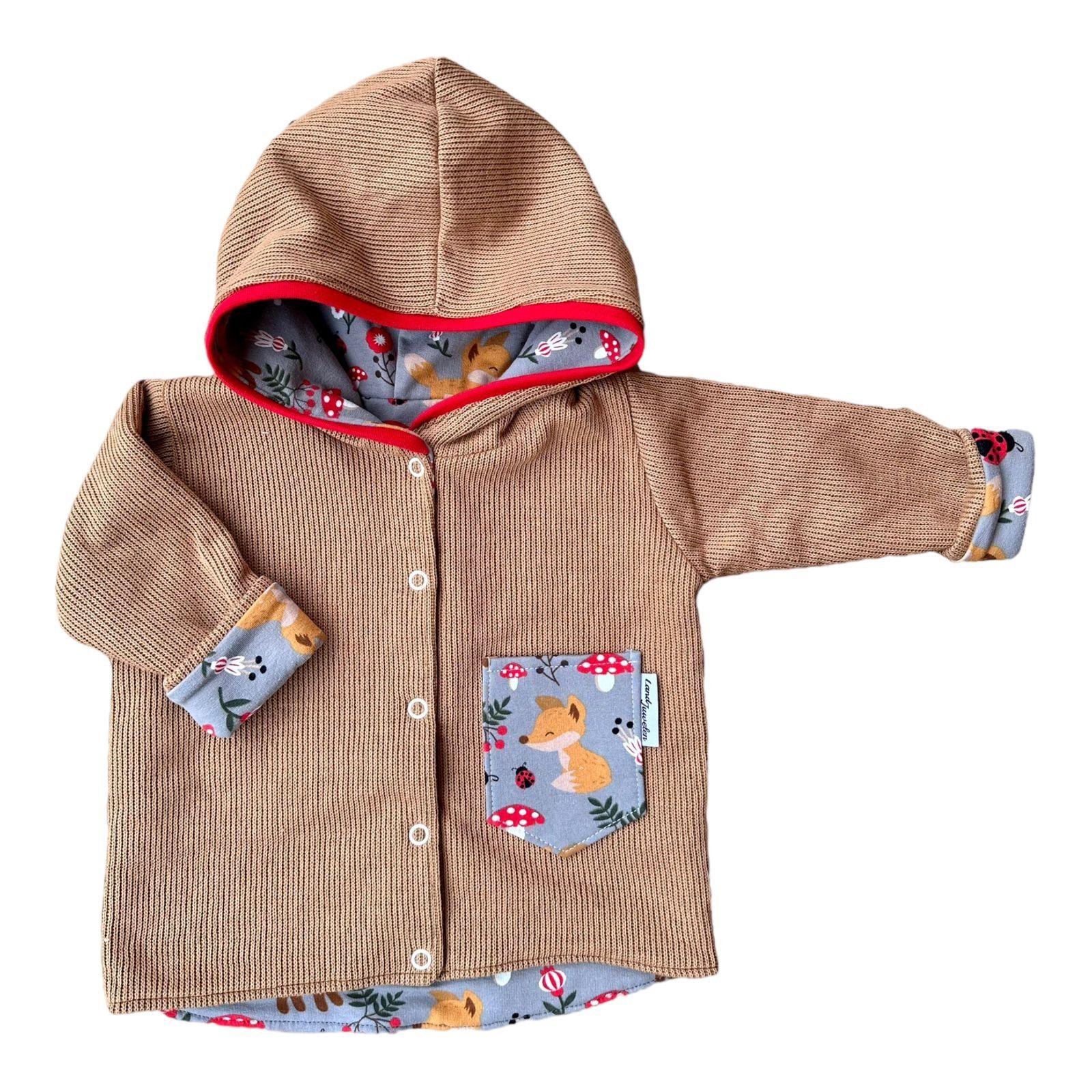 Land-Juwelen Kapuzenstrickjacke Strickjacke Waldtiere grau senfgelb Fuchs