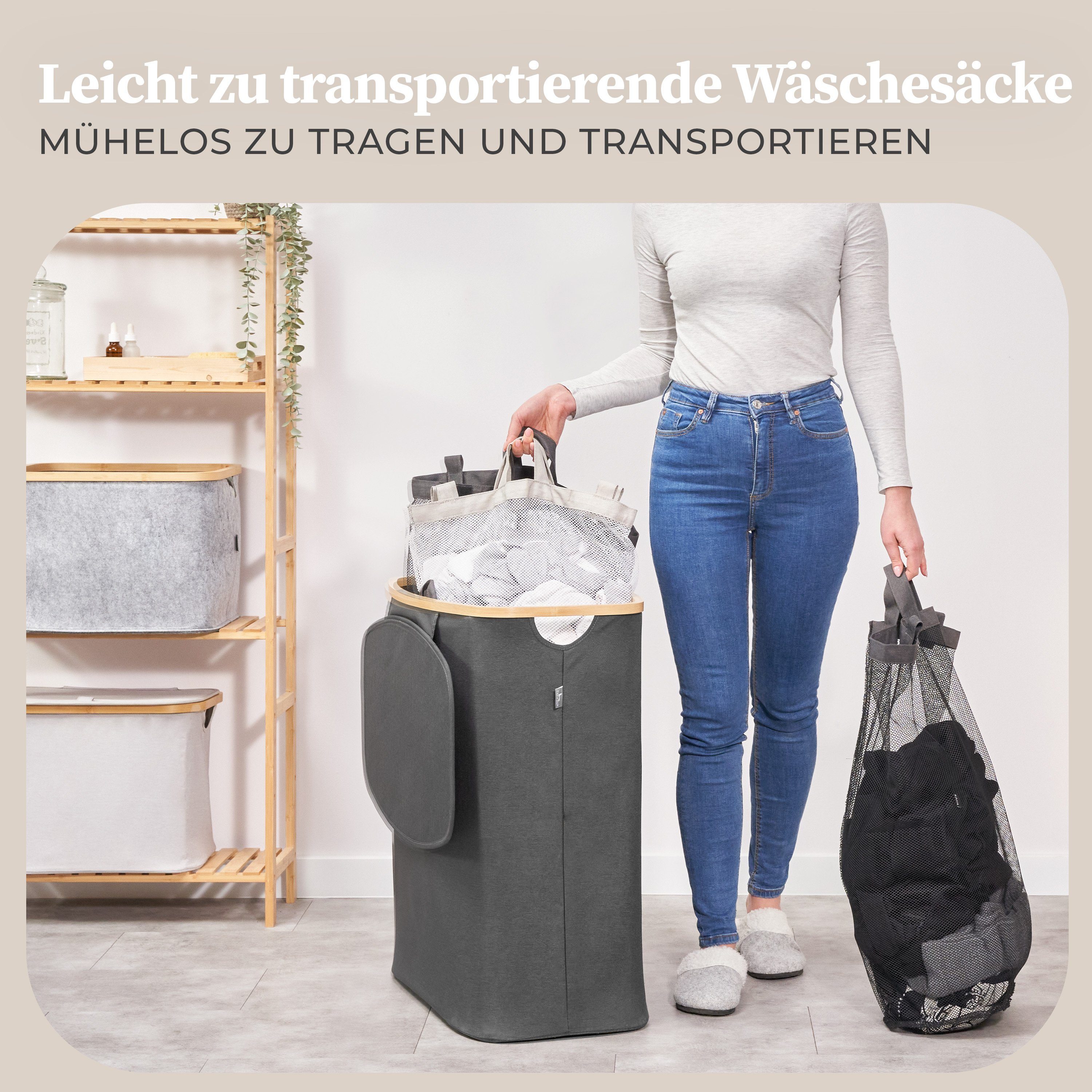 HENNEZ Wäschekorb Wäschesammler 3 Fächer mit Deckel 150 Liter - Wäschesammler 3 Fächer, Wäschetruhe mit Bambusrahmen