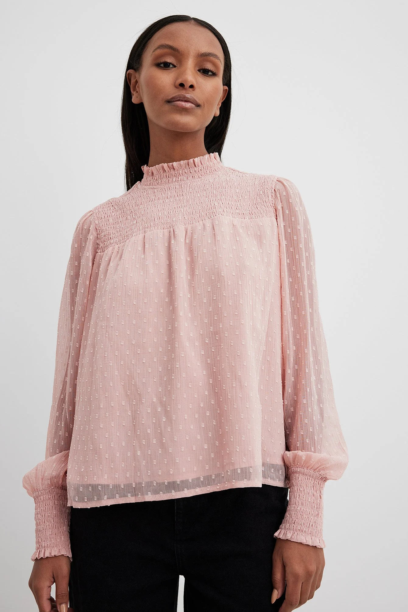 Recycelte ratière Smocked Rüschenausschnitt Bluse