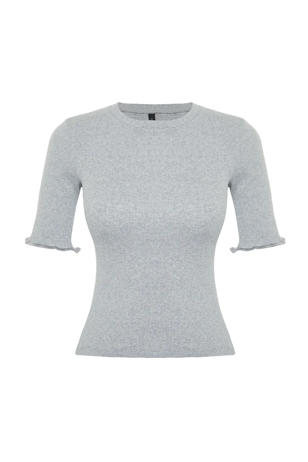 Trendyol Collection  Gerippte, taillierte, dehnbare Strickbluse mit Rundhalsausschnitt in Grau-Melange TWOSS23BZ00025