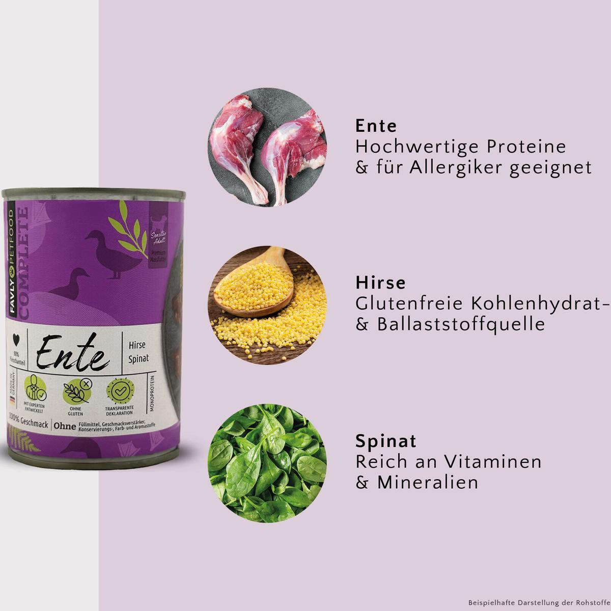 FAVLY Petfood Hundenassfutter FAVLY Petfood Nassfutter Ente mit Hirse & Spinat 6x400 g