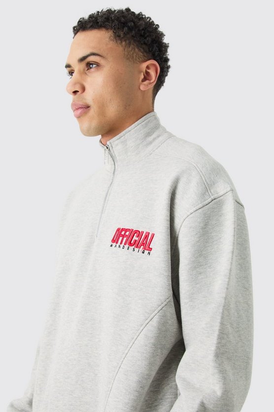 Kastiges Oversize Sweatshirt mit 1/4 Reißverschluss und 3D Stickerei