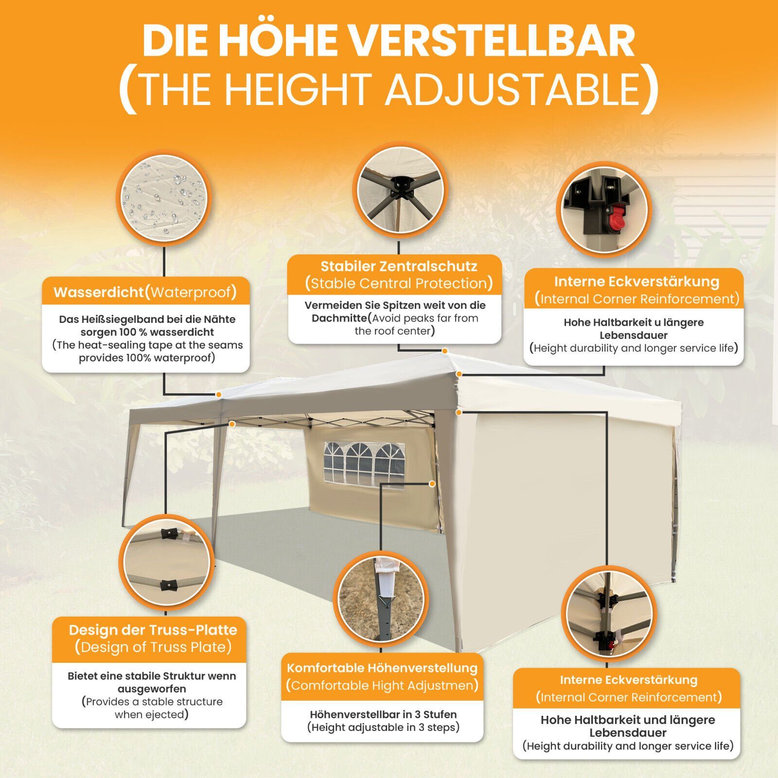 Defactoshop Faltpavillon Pavillon Faltpavillon 3x6m Partyzelt Gartenzelt Klappzelt, mit 3 Seitenteilen, 300x600 cm