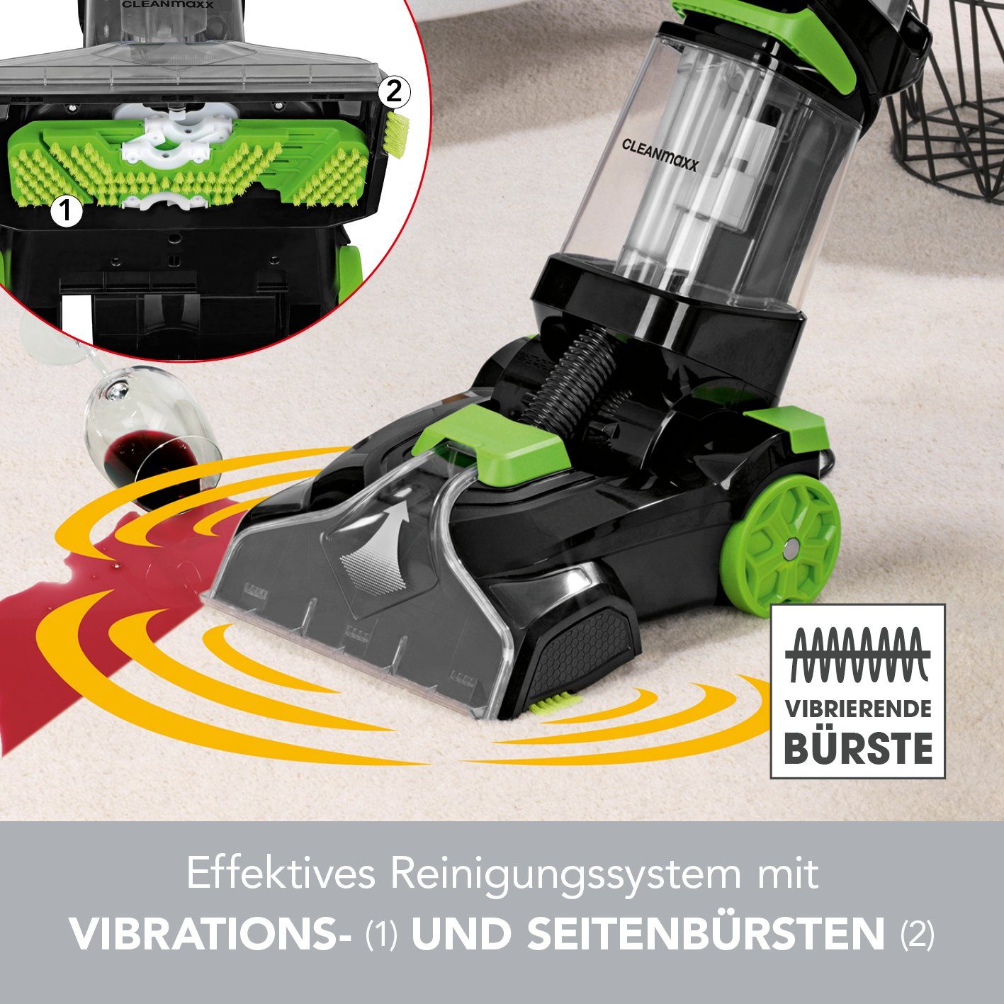 CLEANmaxx Teppichreinigungsgerät Teppichreiniger Professional Vibrations- und Seitenbürsten, 800 W, inkl. Shampoo & Ersatzbürste