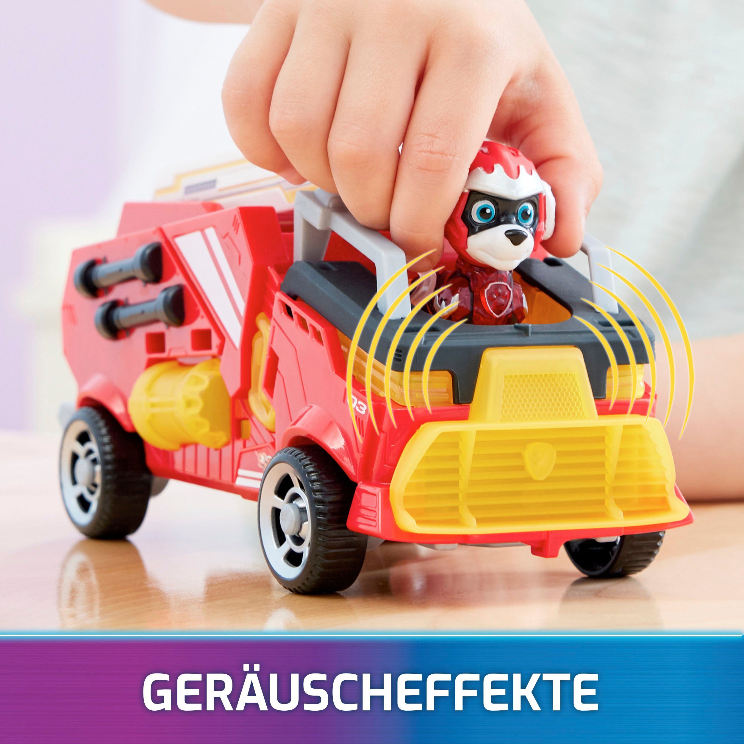 Spin Master Spielzeug-Auto PAW Patrol, Der Mighty Kinofilm: Superhelden-Basis-Fahrzeug, von Marshall Löschzug mit Welpenfigur, Licht- und Soundeffekt