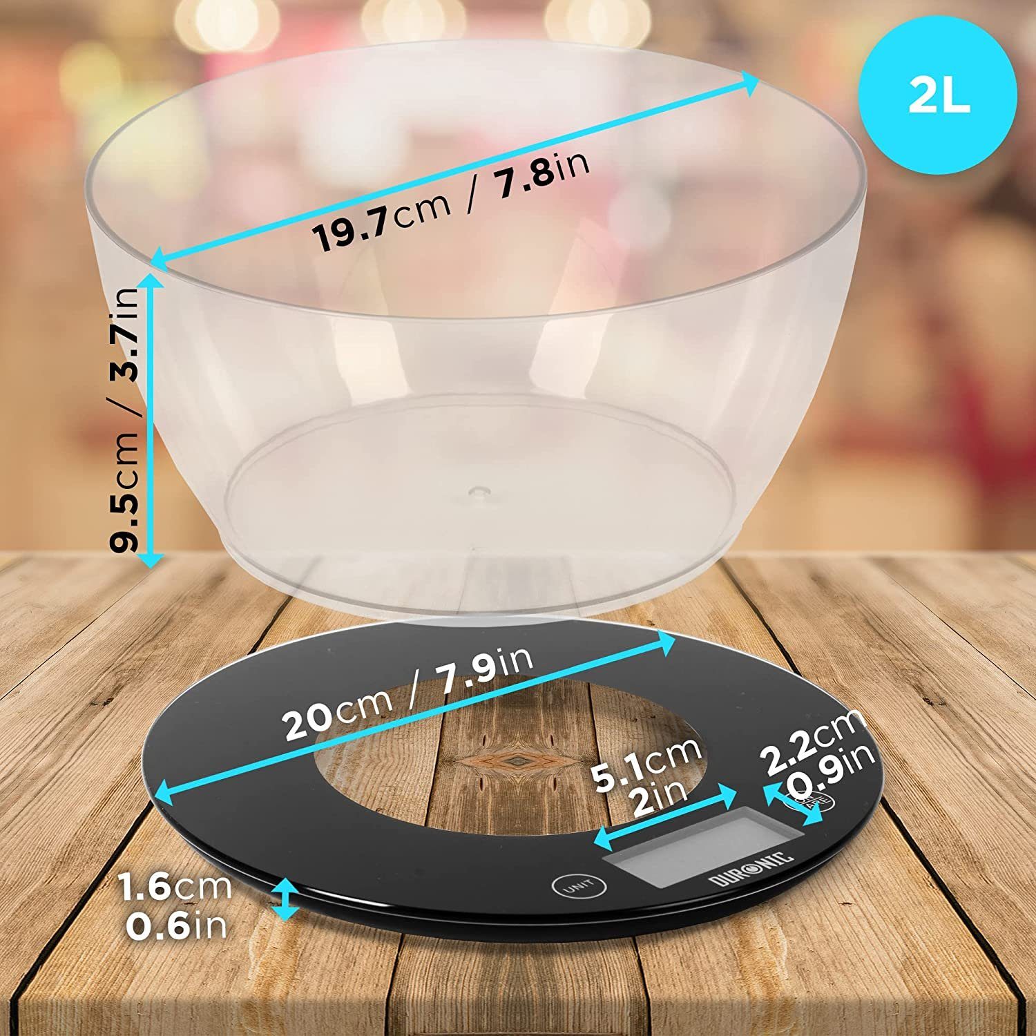 Duronic Küchenwaage, KS7000 Küchenwaage, 10 kg Digitalwaage rund mit 2 L Schüssel