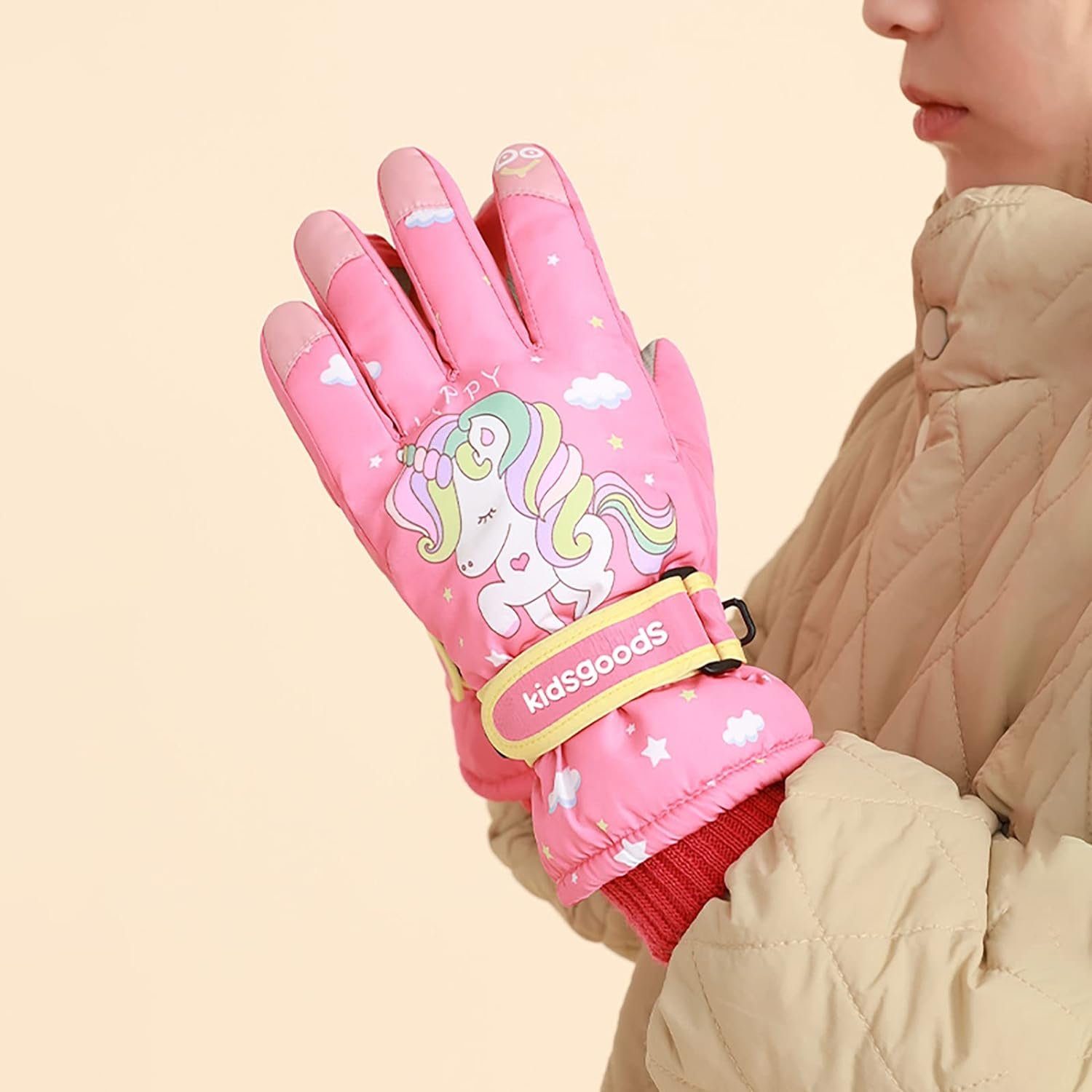 KINOMI Fleecehandschuhe Kinderhandschuhe, Dick und Warm im Winter, Verstellbar, Abriebfest (Geeignet für Jungen und Mädchen im Alter von 5-12 Jahren) Rutschfest, Wasserdicht, Outdoor Skifahren und Klettern Handschuhe