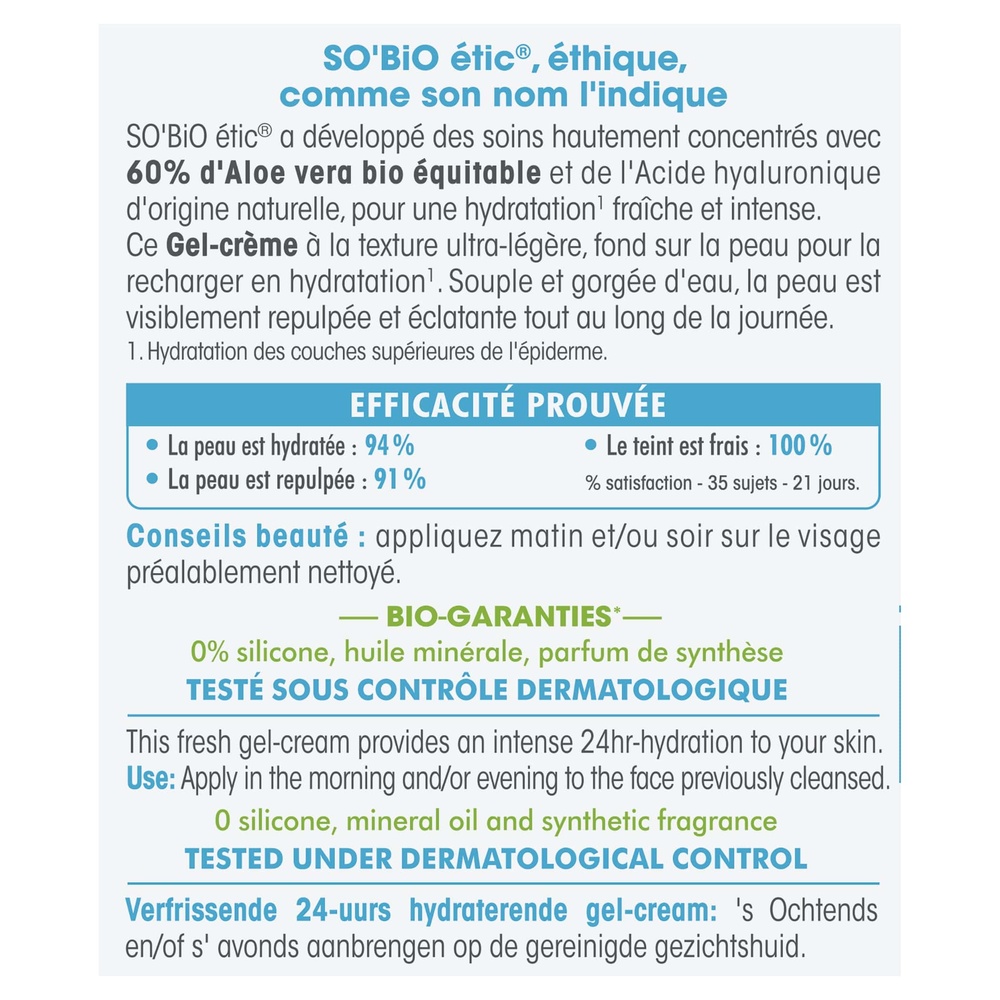 LÉA NATURE SO BiO étic Gel-Crème hydratation¹ fraîcheur 24h, peaux normales à mixtes, Hydra Aloe Vera Gel-crème
