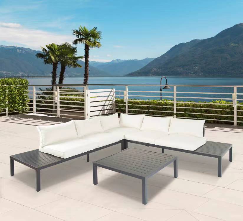 Never Indoor Aluminium Eckloungeset 14 tlg. mit Tischablage & Polsterkissen schwarz / creme