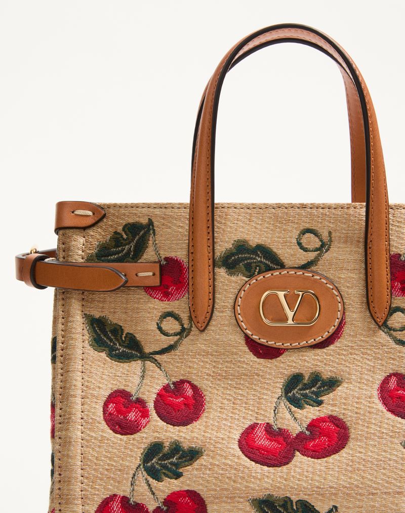 Valentino Garavani Antibes lille jacquard raffia indkøbstaske med kirsebærmotiv
