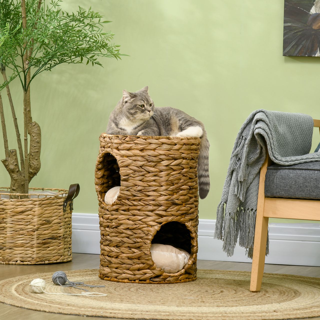 PawHut Kratztonne, Höhe 47 cm, Kratzturm mit 2 Ebenen, Katzenturm mit Kissen