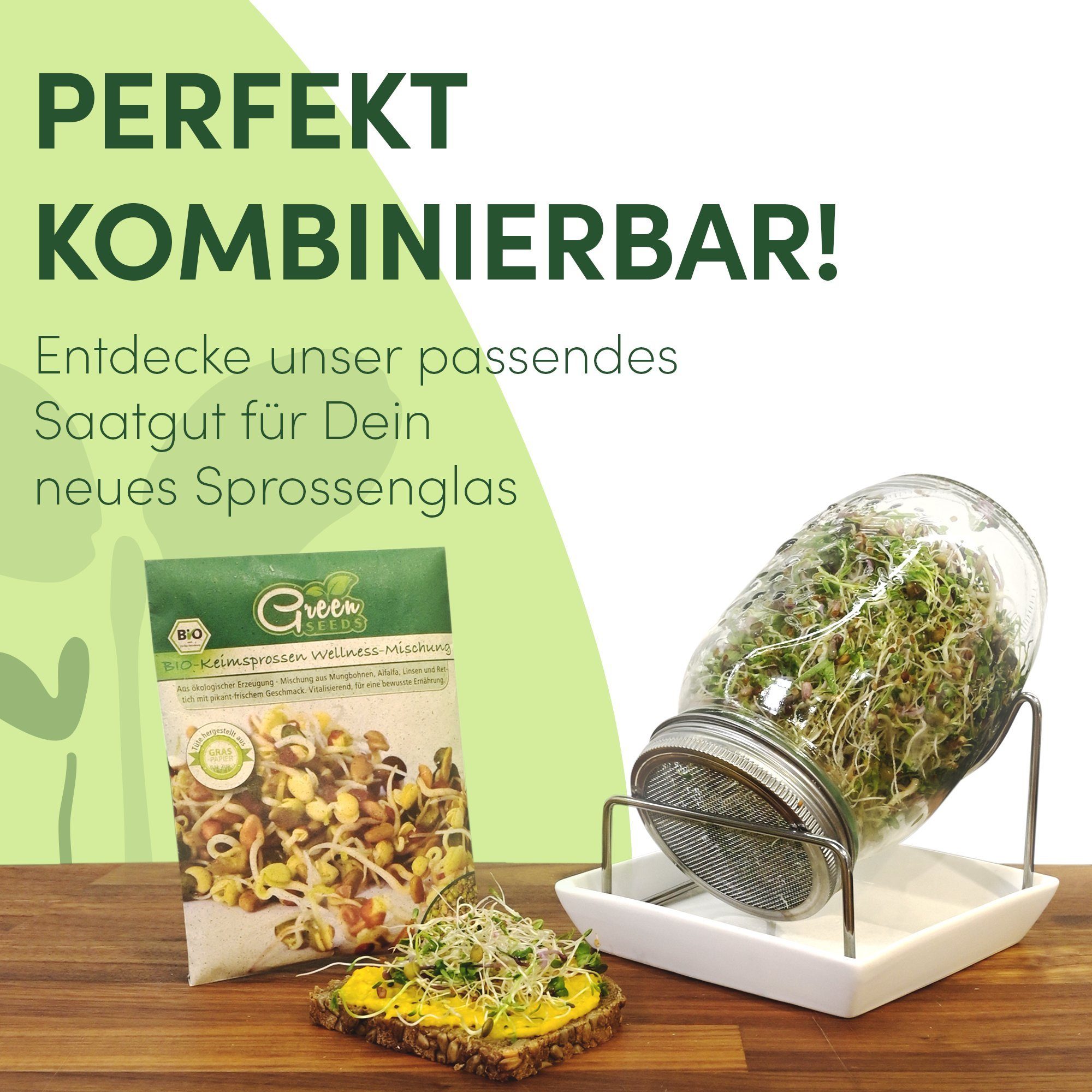 Green SEEDS Anzuchttopf Sprossenglas Keimglas 1er Set + KRESSESIEB, 1000ml mit hochwertigem Edelstahl-Gitterdeckel, Ständer, Keramikschale + Sprossen-ABC [Druckversion]