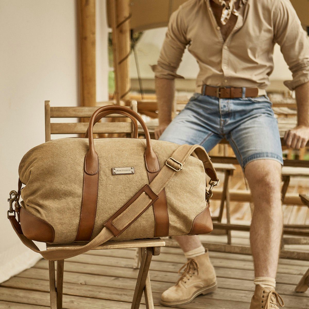 DRAKENSBERG Reisetasche Weekender David (L) Khaki-Beige, Herren, Damen, im Vintage-Design, Canvas und Büffelleder, handgemacht