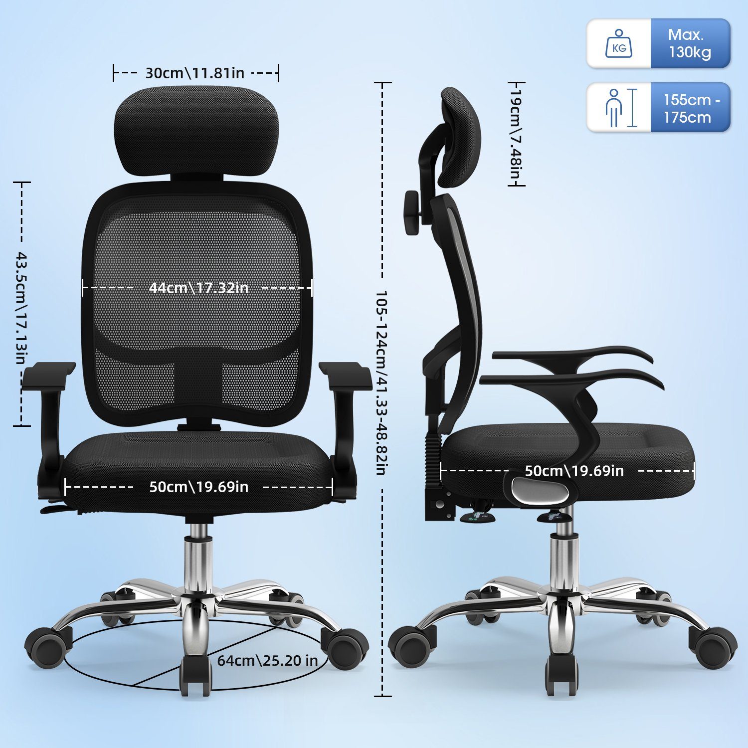 Authmic Bürostuhl Bürostuhl, Drehstuhl, Schreibtischstuhl, Chefsessel, (Bürostuhl ergonomisch mit verstellbarer Armlehnen, Lendenwirbelstutze, Atmungsaktiver Netzstuhl), Wippfunktion von 90° bis 135°, Bürostuhl 150kg