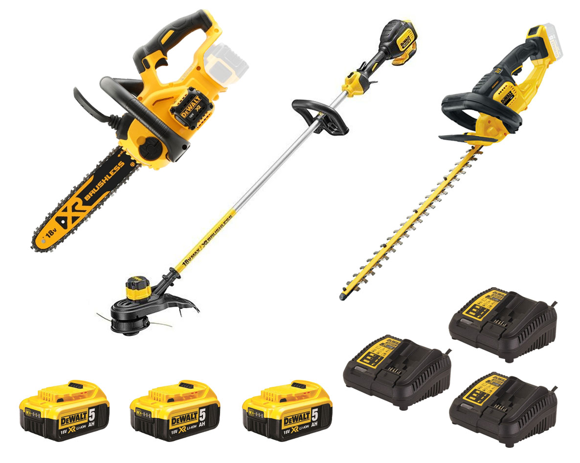 DeWalt DCM561P3SET 3-delni obrezovalnik žive meje DCMHT563P1 - motorna žaga DCM565 - obrezovalnik trave DCMST561P1-QW 18V 3 x 5,0Ah Li-Ion + 3 polnilci