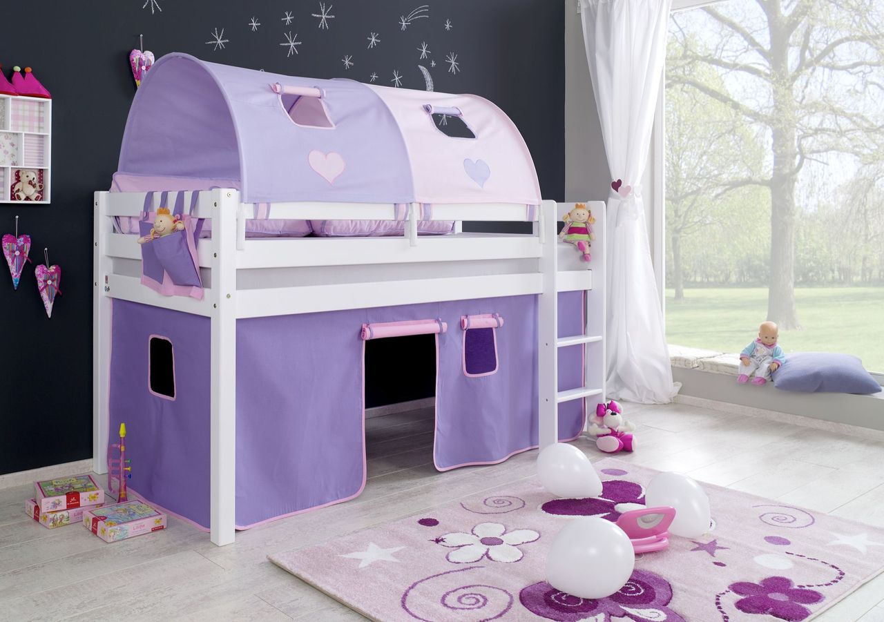 Relita Halbhohes Spielbett ALEX Buche massiv weiß lackiert mit Stoffset purple/rosa/herz