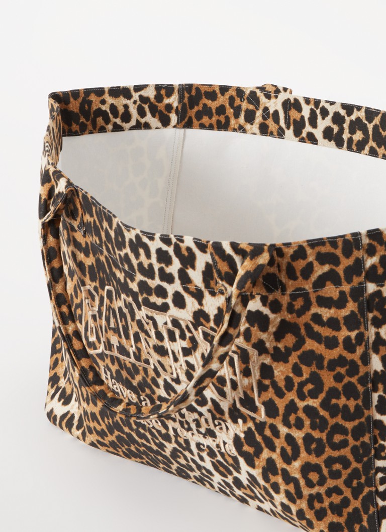 Plátěná shopperka Ganni XXL s leopardím potiskem a výšivkou loga