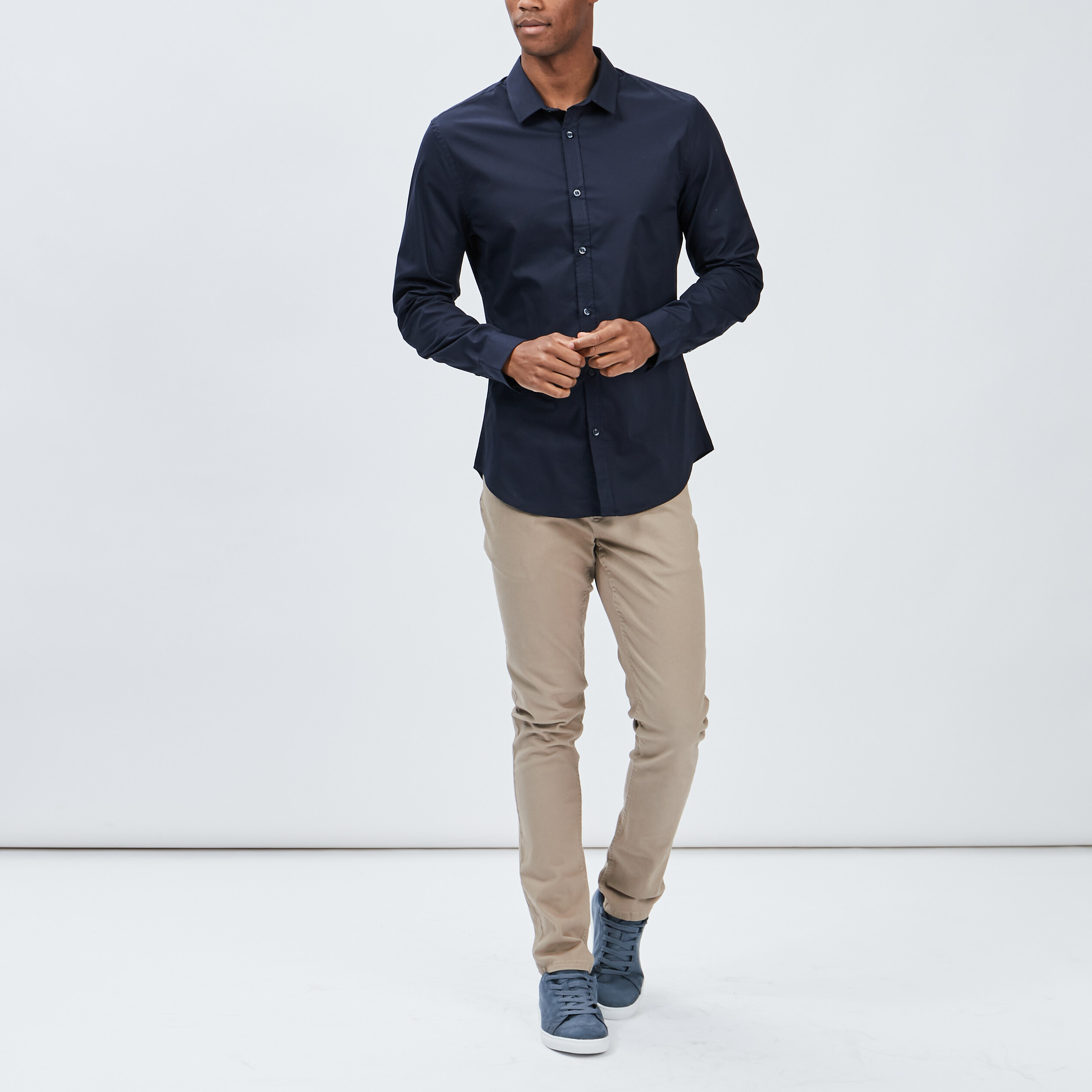 Chemise basique ajustée manches longues bleu marine homme | La Halle