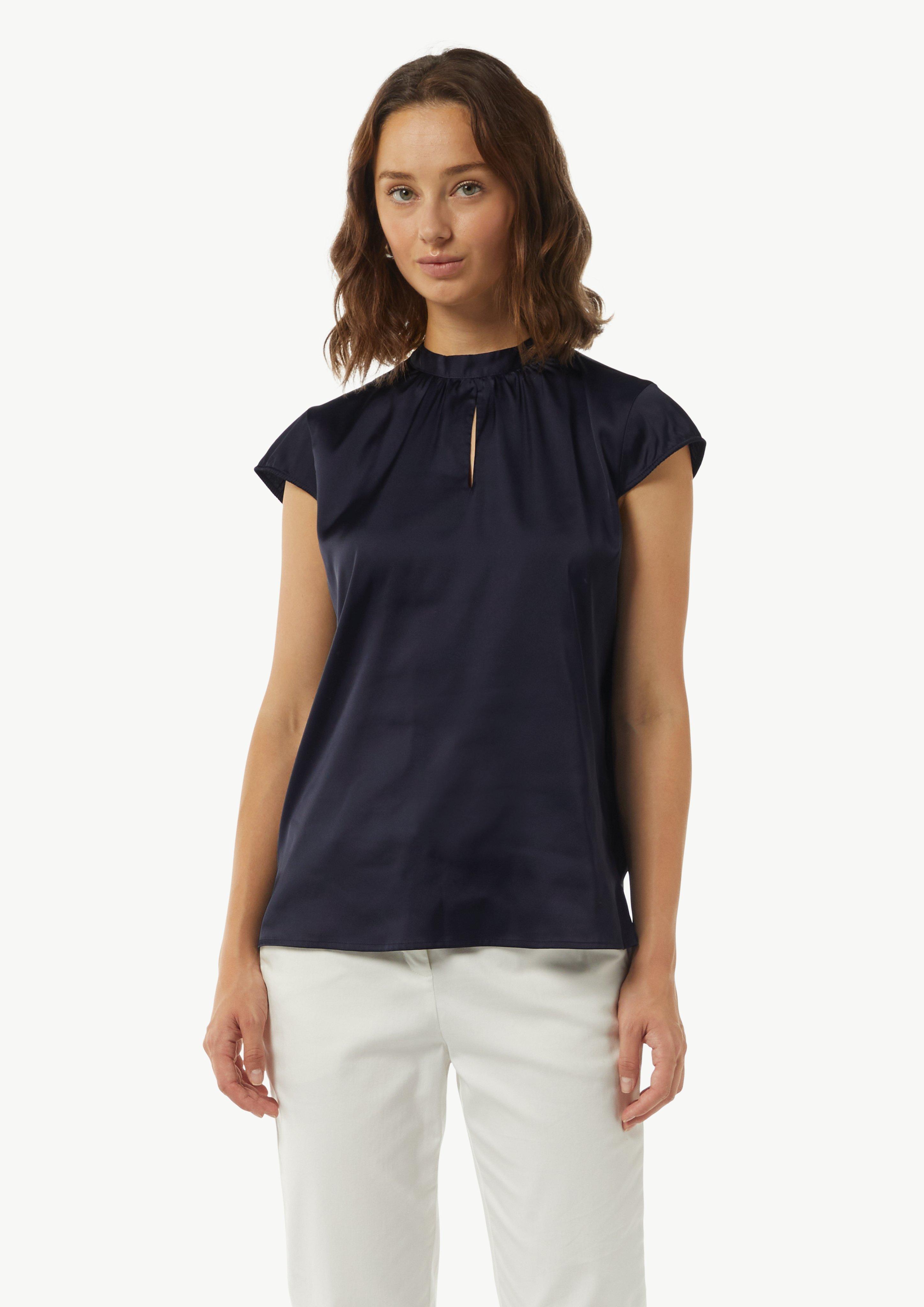Satin-Bluse mit Kappärmeln und Raffung - navy
