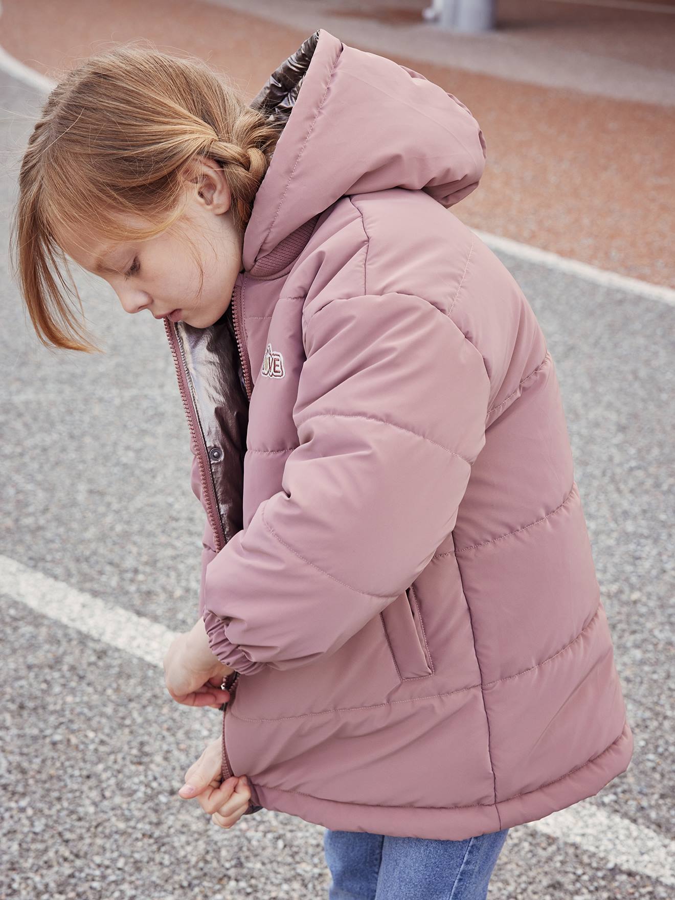 Parka à capuche réversible effet métallisé ou doudoune fille argent