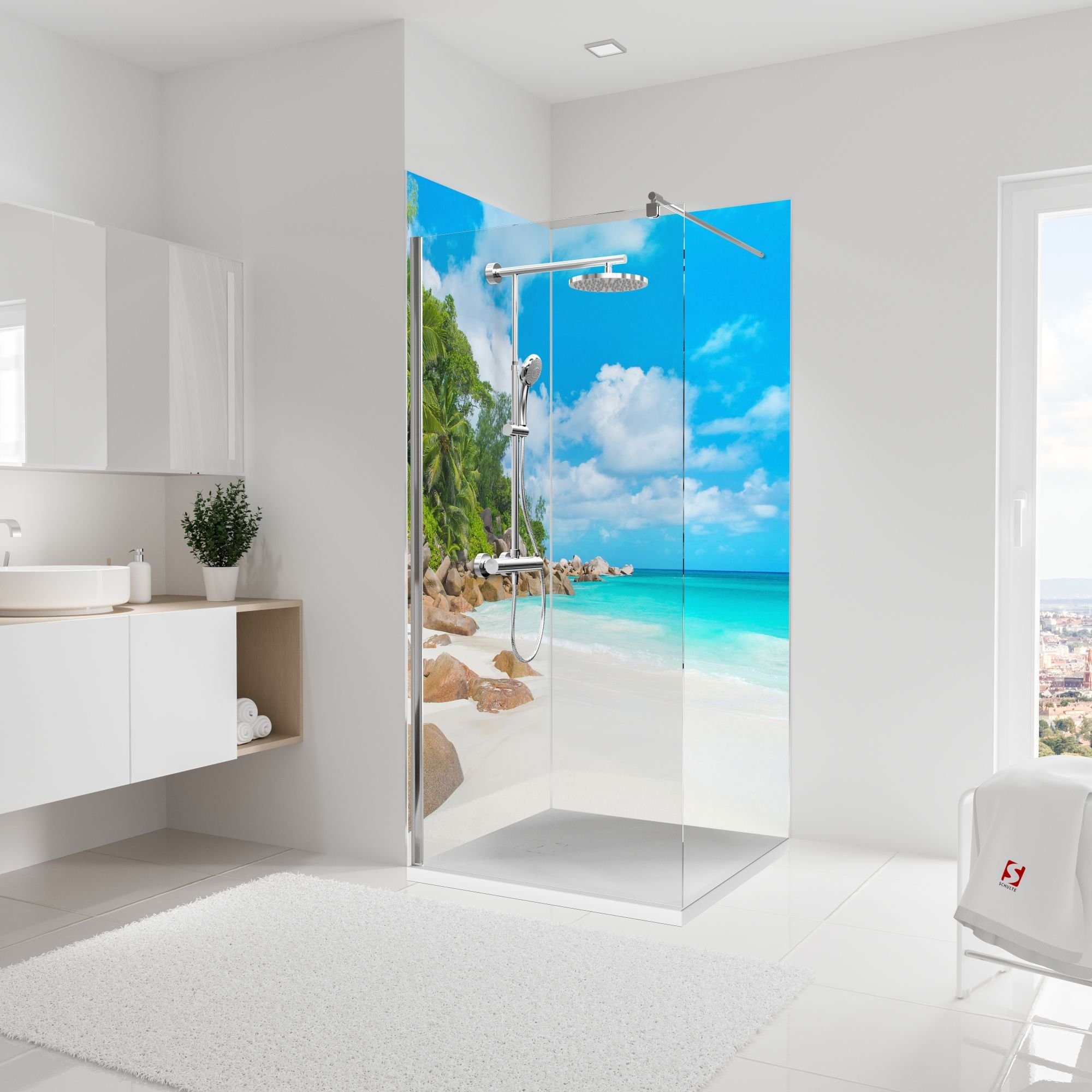 Schulte Badrückwand DecoDesign Foto über Eck Bucht Seychellen, (Set, 2-tlg), Wandverkleidung, fugenloser Fliesenersatz, Duschrückwand