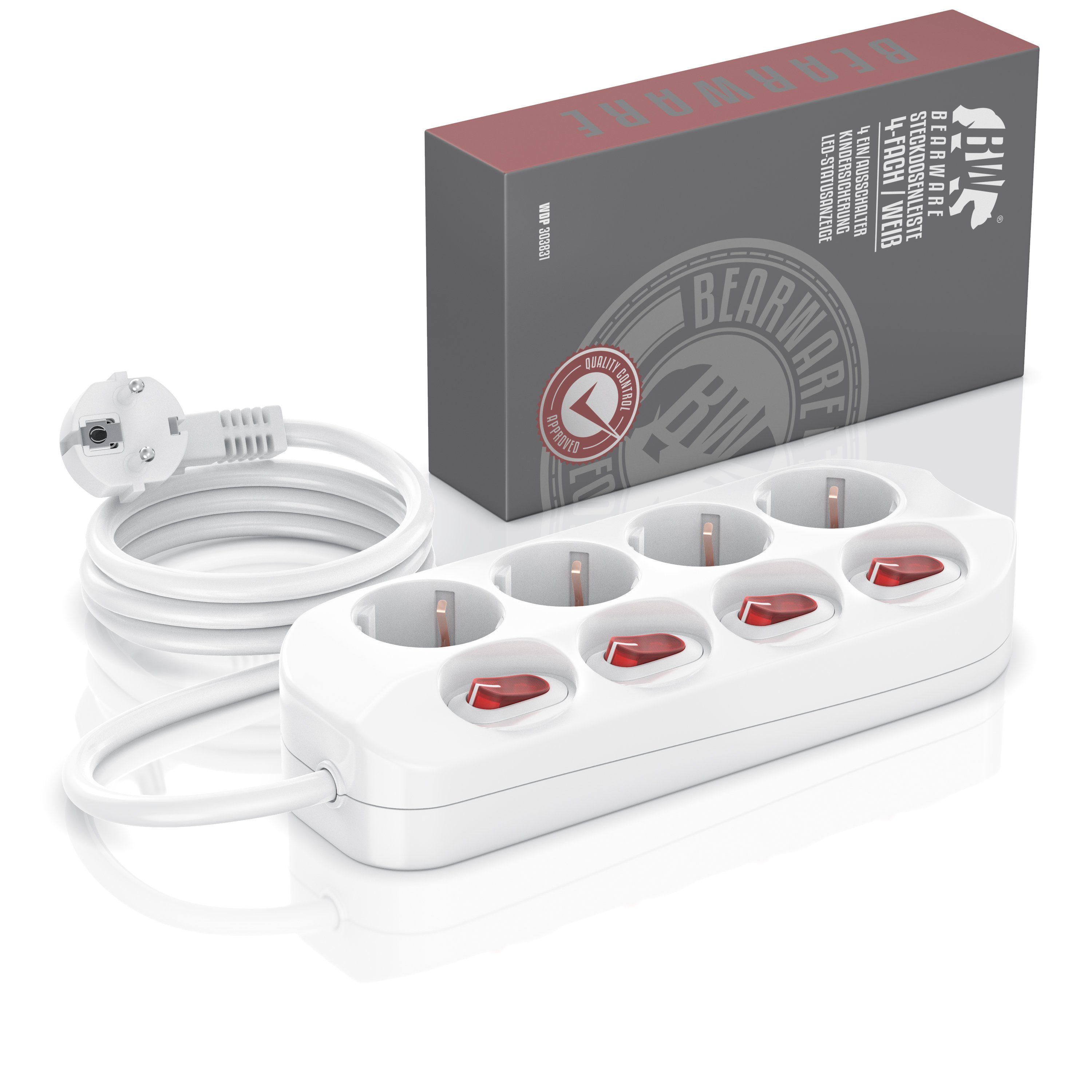 BEARWARE Steckdosenleiste 4-fach (mit Ein Aus Schalter für jede Dose, Schutzkontaktstecker, Kindersicherung, Kabellänge 1,5 m), Steckdosenleiste - max. 3680W