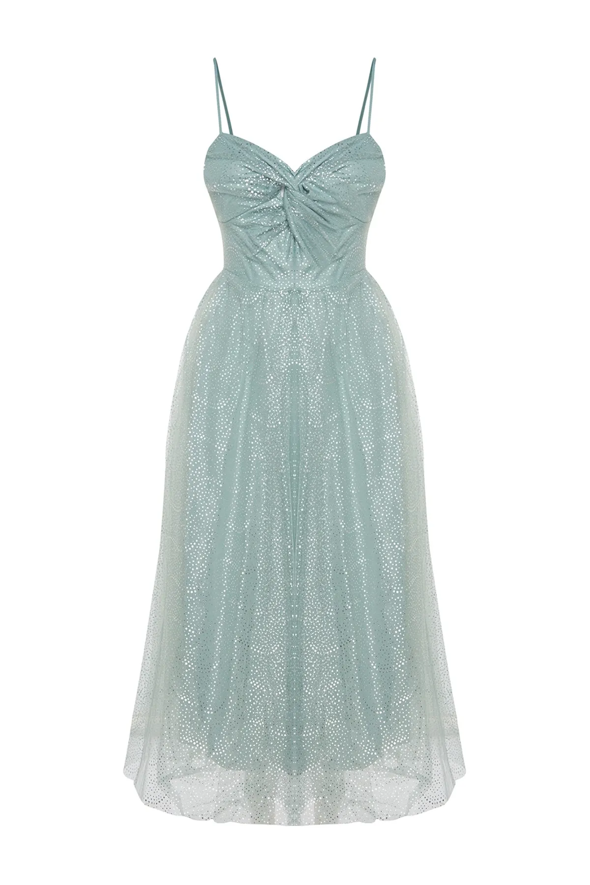 Trendyol Collection  Mintfarbenes Abendkleid mit offener Taille und Skaterfutter aus glänzendem Tüll TPRSS23EL00429