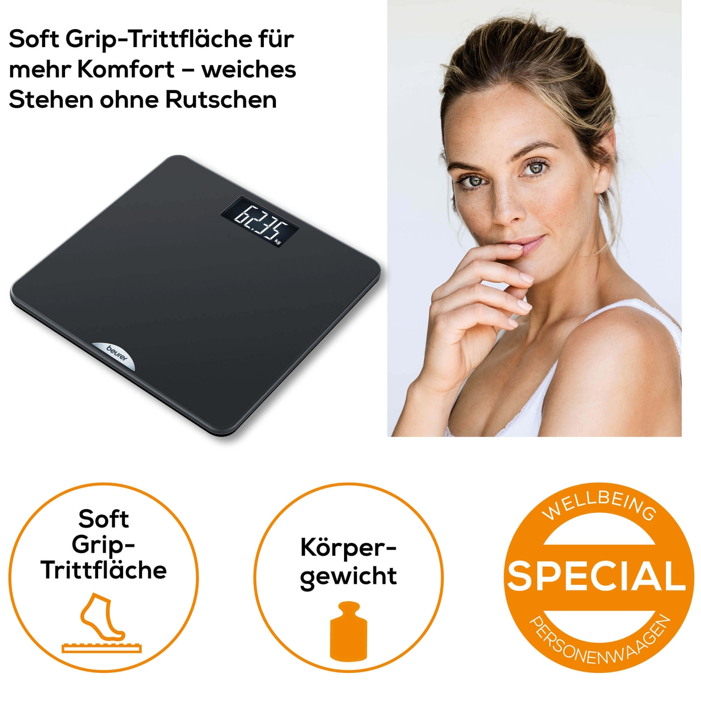 Beurer Personenwaage PS 240-Personenwaage mit gummierter Trittfläche & beleuchtetem Schwarzdisplay - bis 180 kg