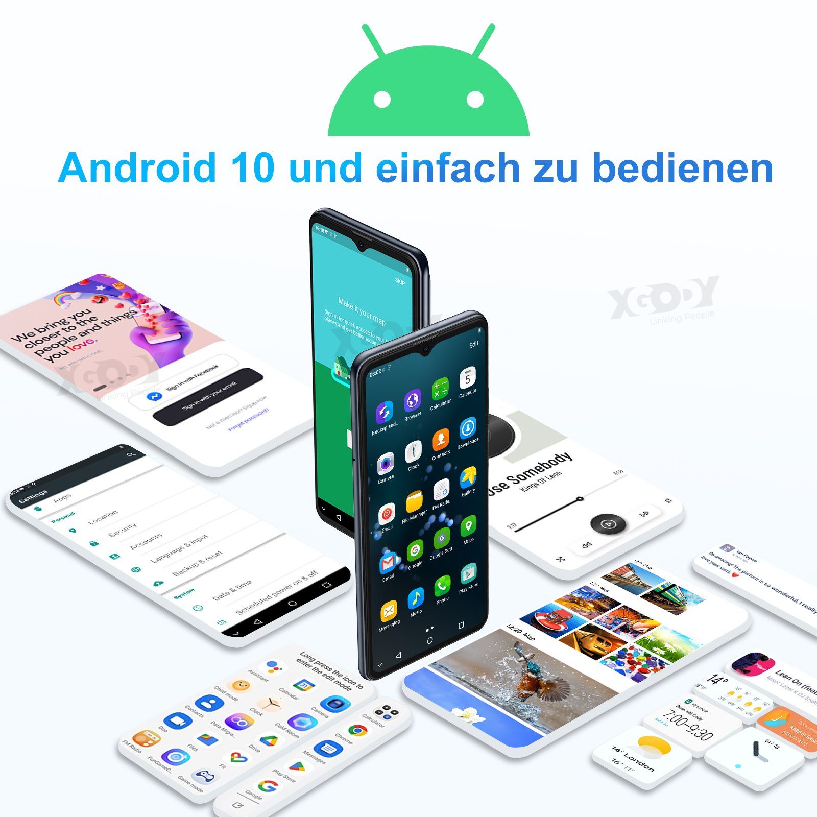 XGODY A53 2G RAM,32G ROM,Android 10.0 Smartphone (16,50 cm/6.52 Zoll, 32 GB Speicherplatz, 13 MP Kamera, Gesichtserkennung, Dual-SIM, Erweiterung Speicher Max. 256GB)