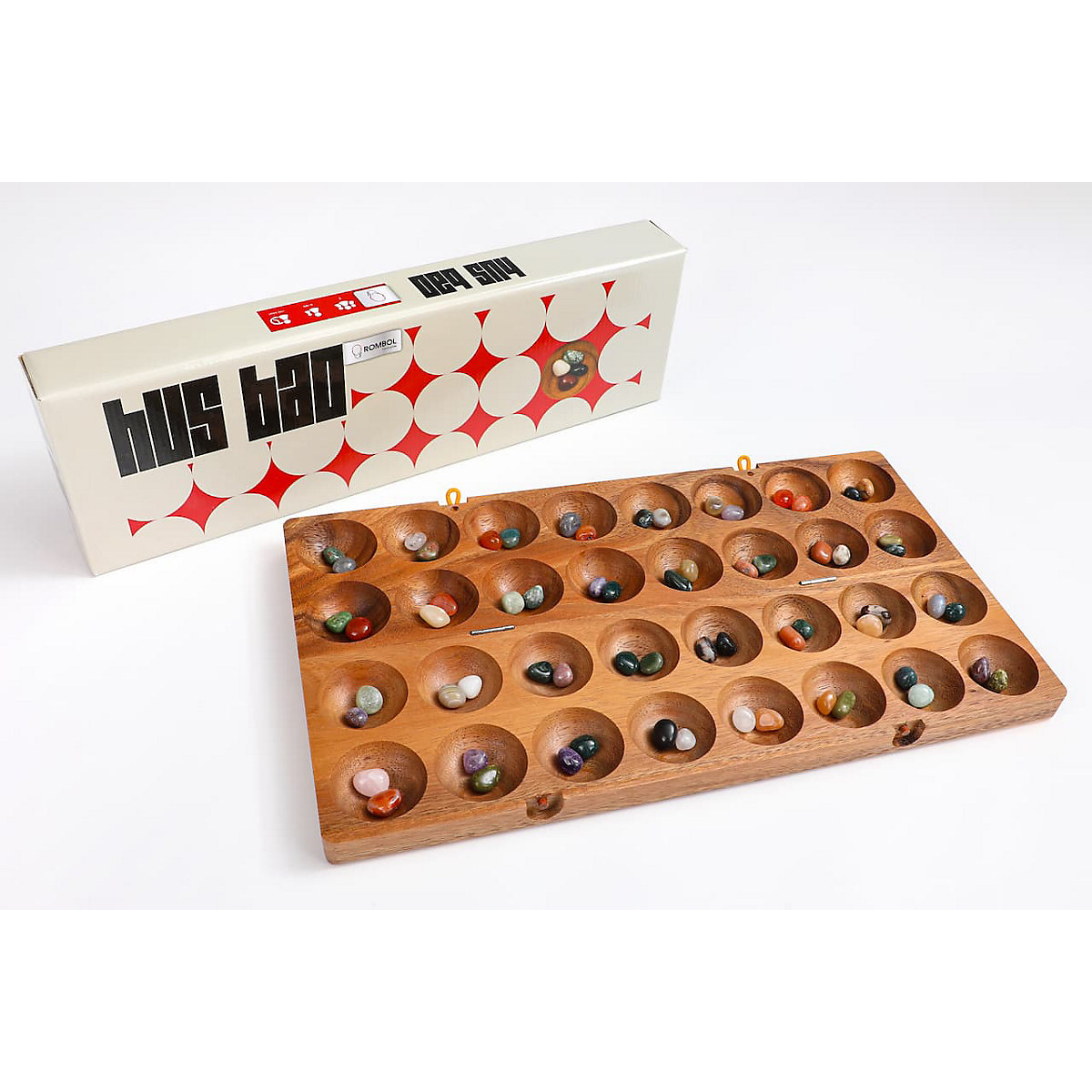 HUS BAO, Steinchenspiel, Bohnenspiel, Halbedelsteine, Mancala, Kalaha, Familienspiel, Gesellschaftsspiel aus Holz