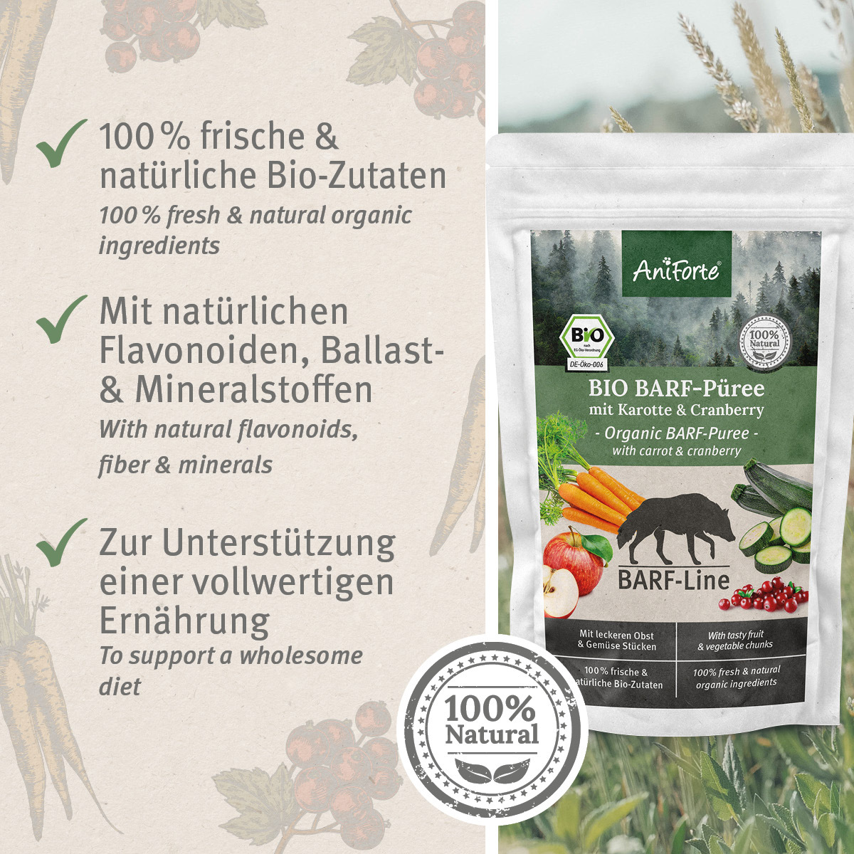 Aniforte Ergänzungsfutter & Aufzucht Aniforte BIO BARF Püree Karotte & Cranberry 5 x 150g