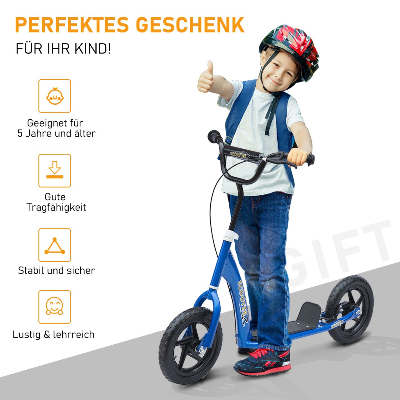 HOMCOM Kinderroller mit Hinterbremse 12 Zoll Scooter Tretroller EVA Blau